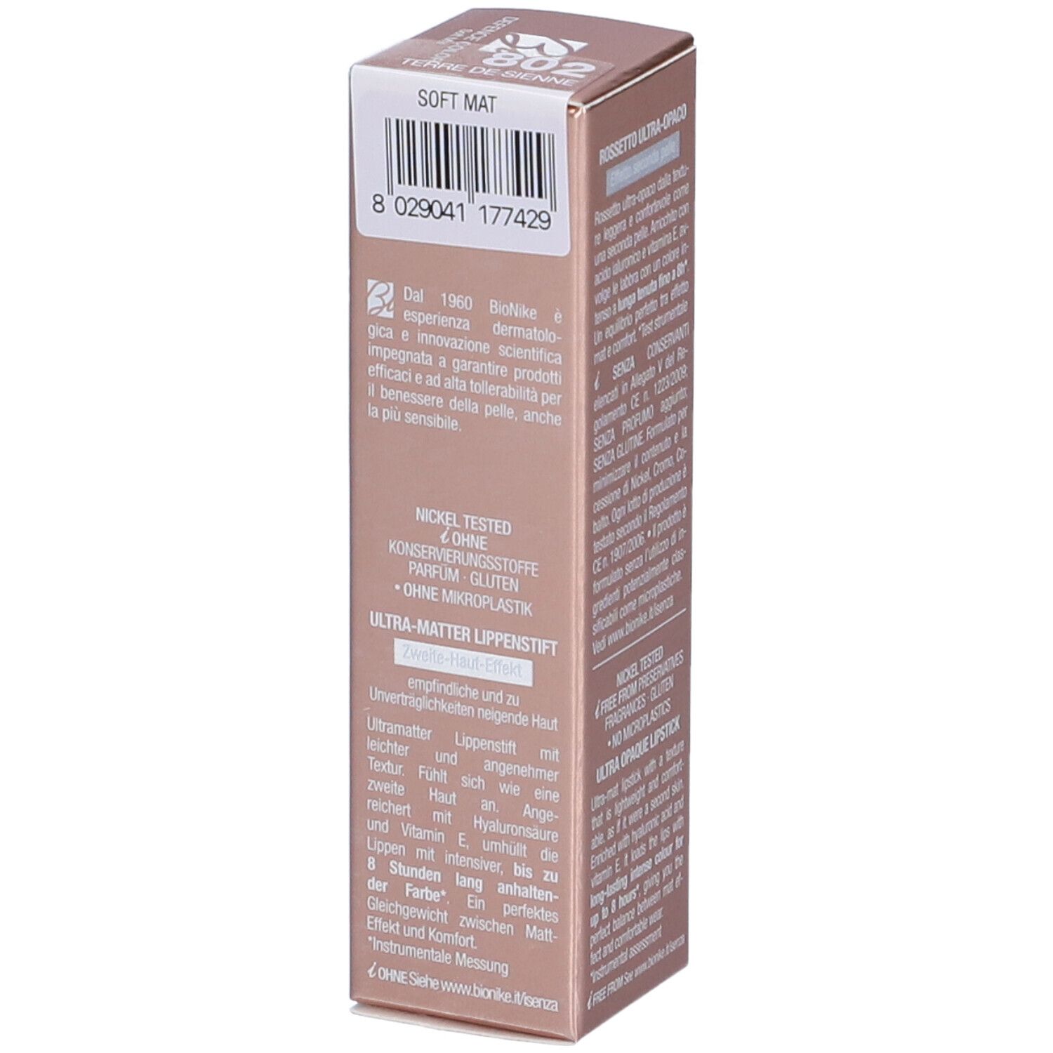 Confezione rossetto BioNike Defence Color Soft Mat. Nickel tested, senza glutine, senza microplastiche. 3,5 ml.