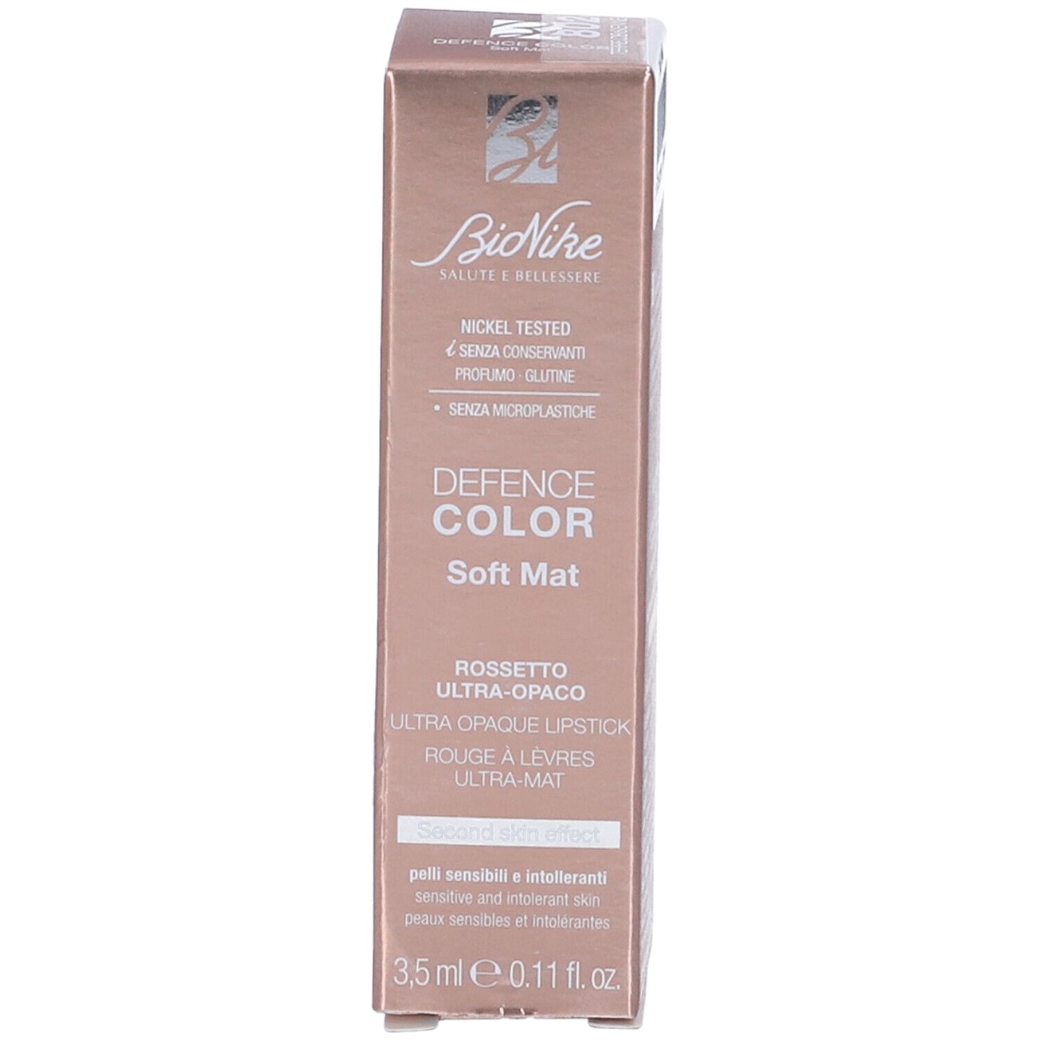 Confezione rossetto BioNike Defence Color Soft Mat. Nickel tested, senza glutine, senza microplastiche. 3,5 ml.
