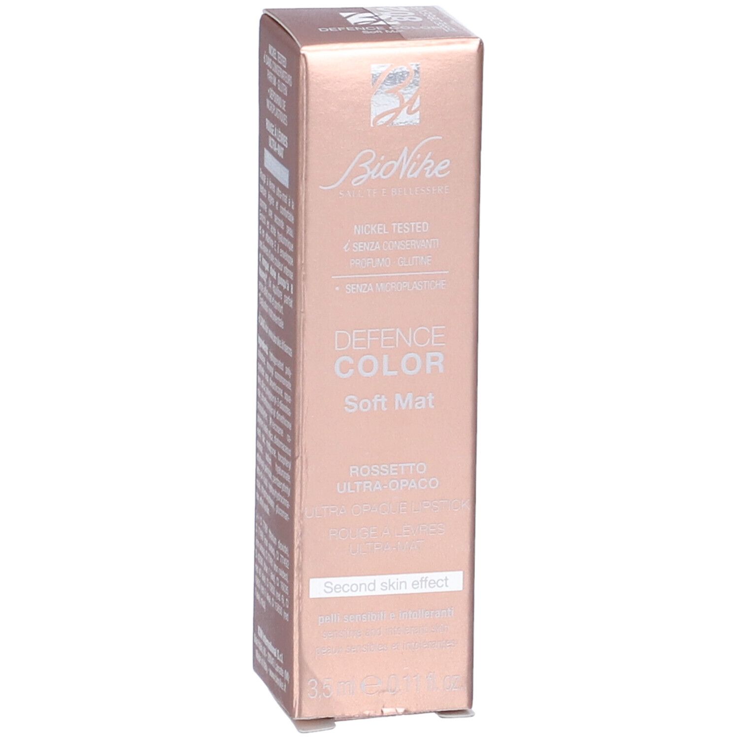 Confezione rossetto BioNike Defence Color Soft Mat. Nickel tested, senza glutine, senza microplastiche. 3,5 ml.