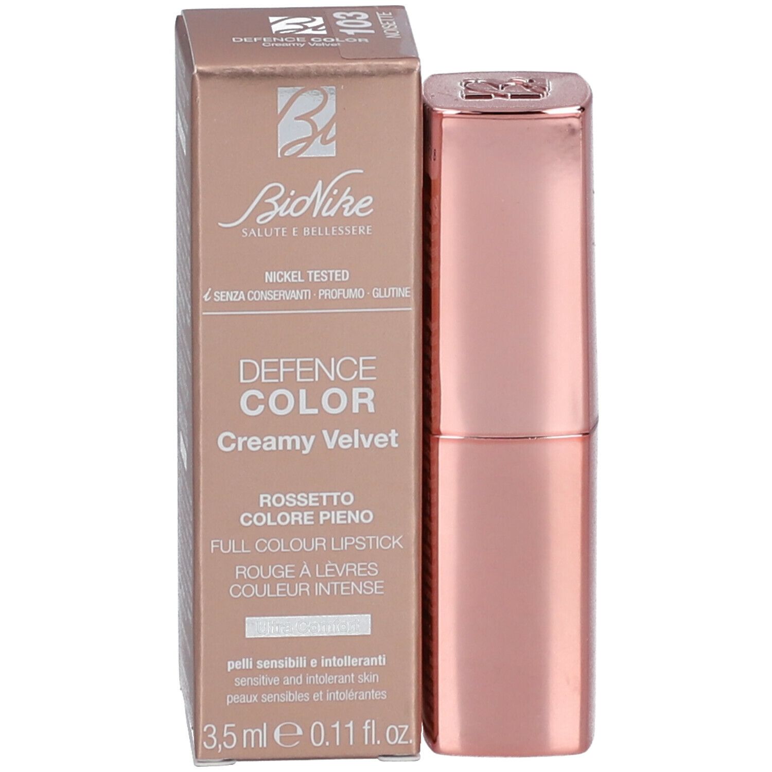 Rossetto BioNike Defence Color Creamy Velvet e confezione. Rossetto rosa, scatola rosa con testo.