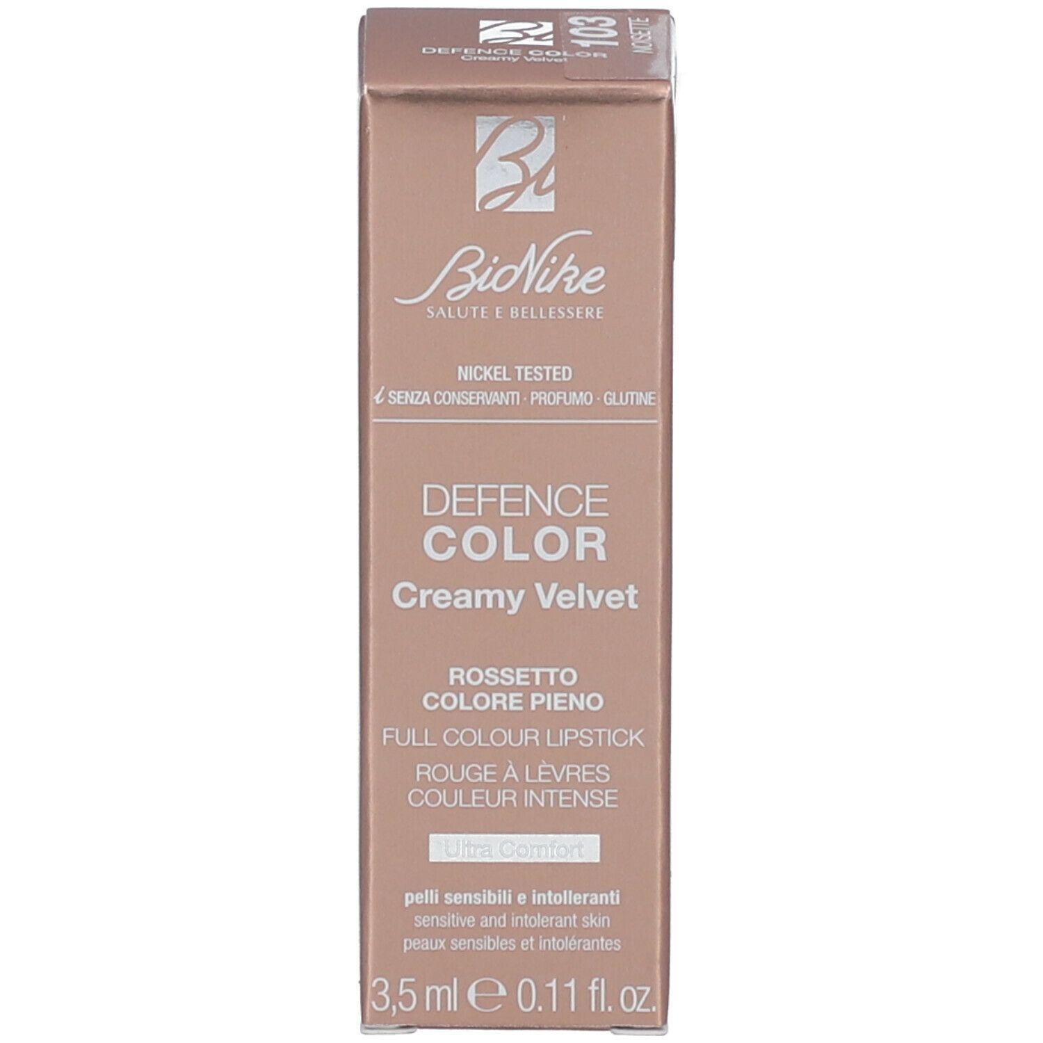 Rossetto BioNike Defence Color Creamy Velvet e confezione. Rossetto rosa, scatola rosa con testo.