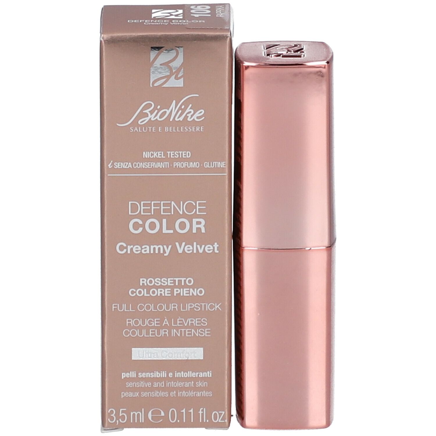 Rossetto e confezione. Confezione con nome del prodotto, marchio, ingredienti e logo. Rossetto in astuccio rosa.
