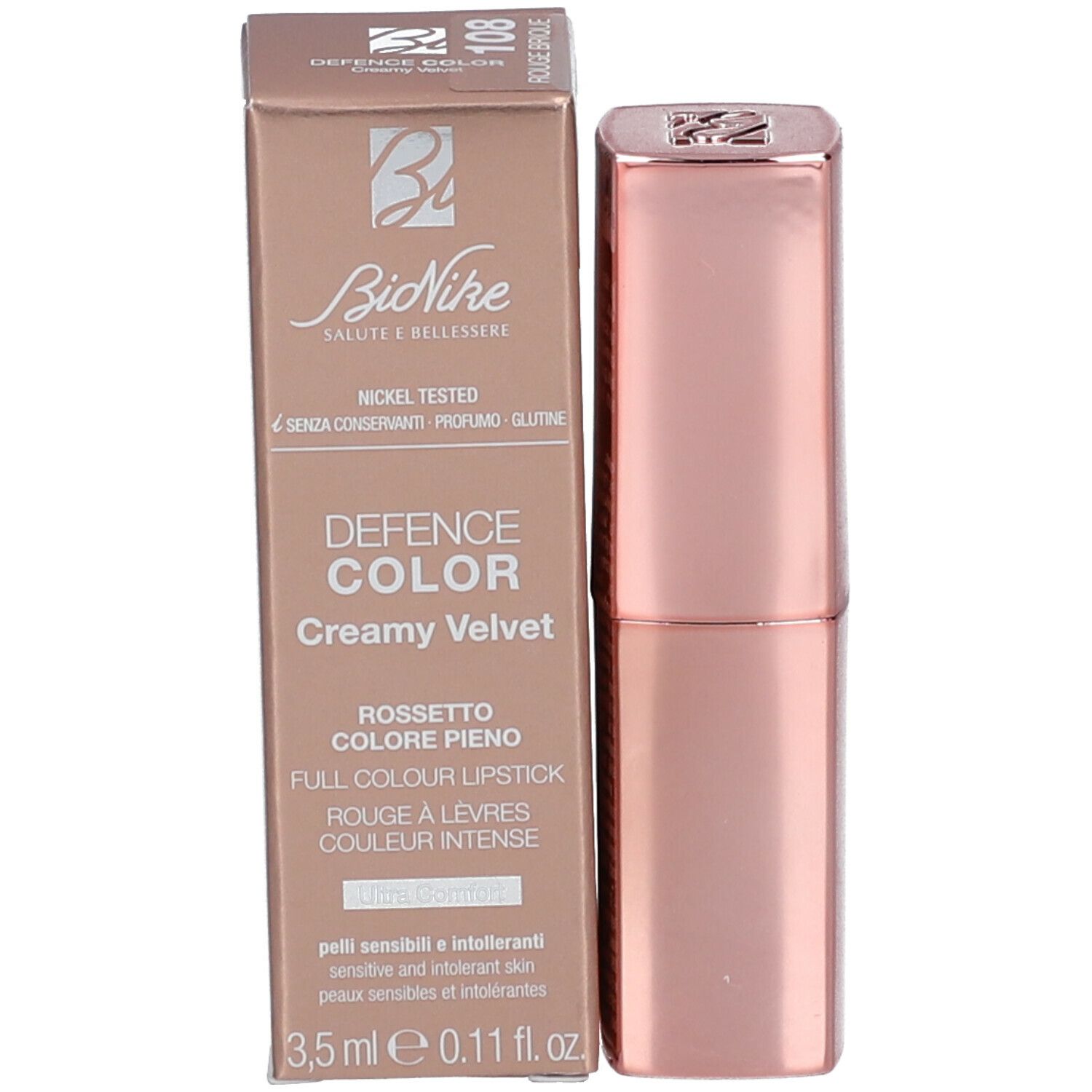 Rossetto BioNike Defence Color Creamy Velvet e confezione. Rossetto rosa accanto alla scatola. Testo sulla confezione.