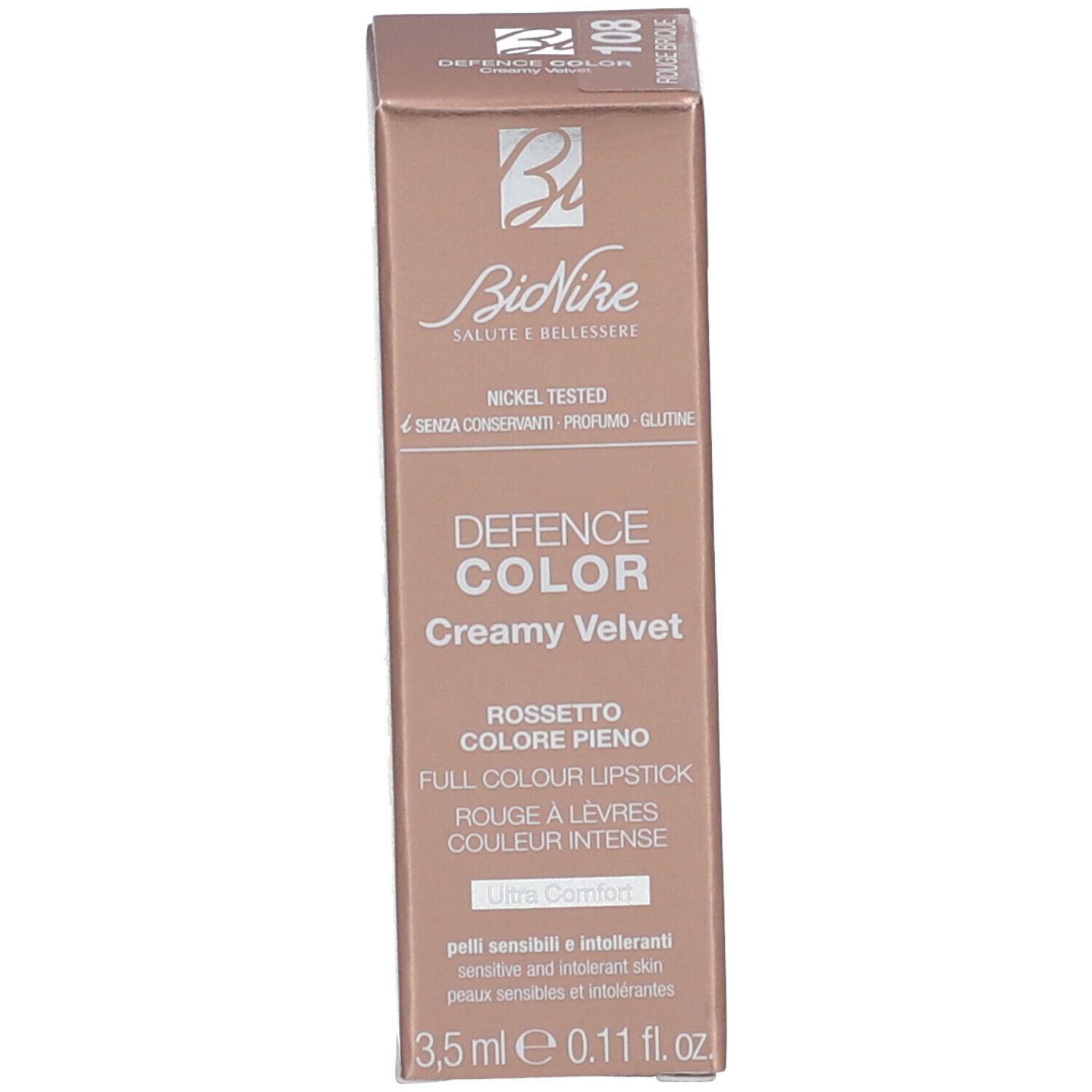 Confezione BioNike Defence Color Creamy Velvet. Scatola con informazioni sul prodotto. Testo e logo.