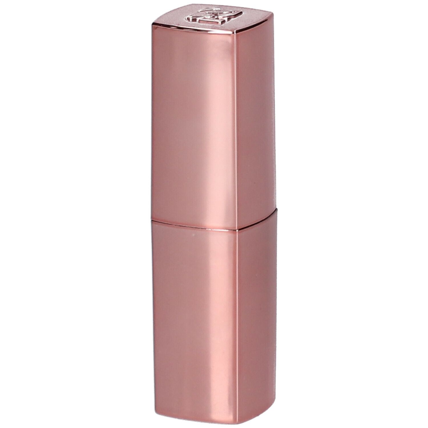 Rossetto rosa in astuccio metallico. Tappo quadrato con logo. Forma cilindrica.