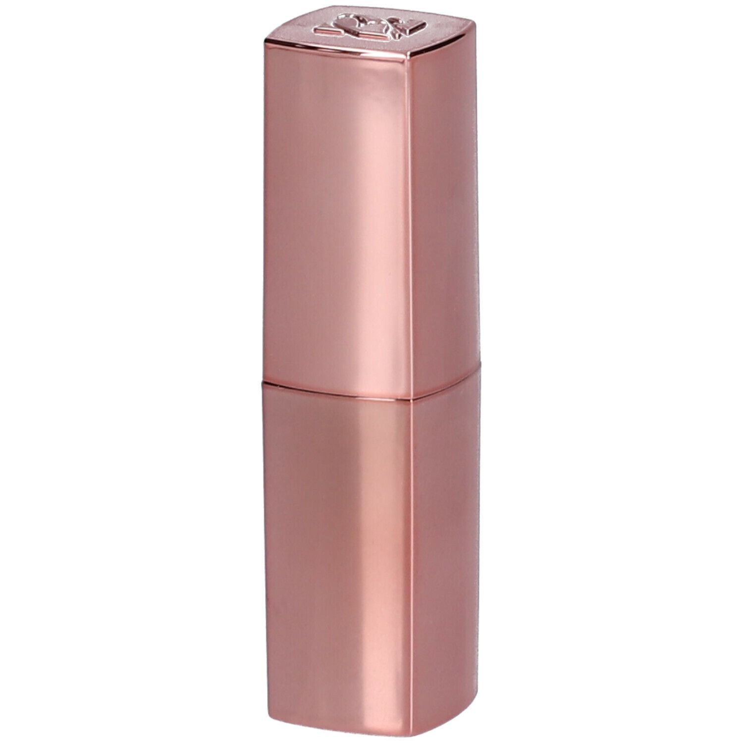 Rossetto rosa in astuccio metallico. Tappo quadrato con logo. Forma cilindrica.