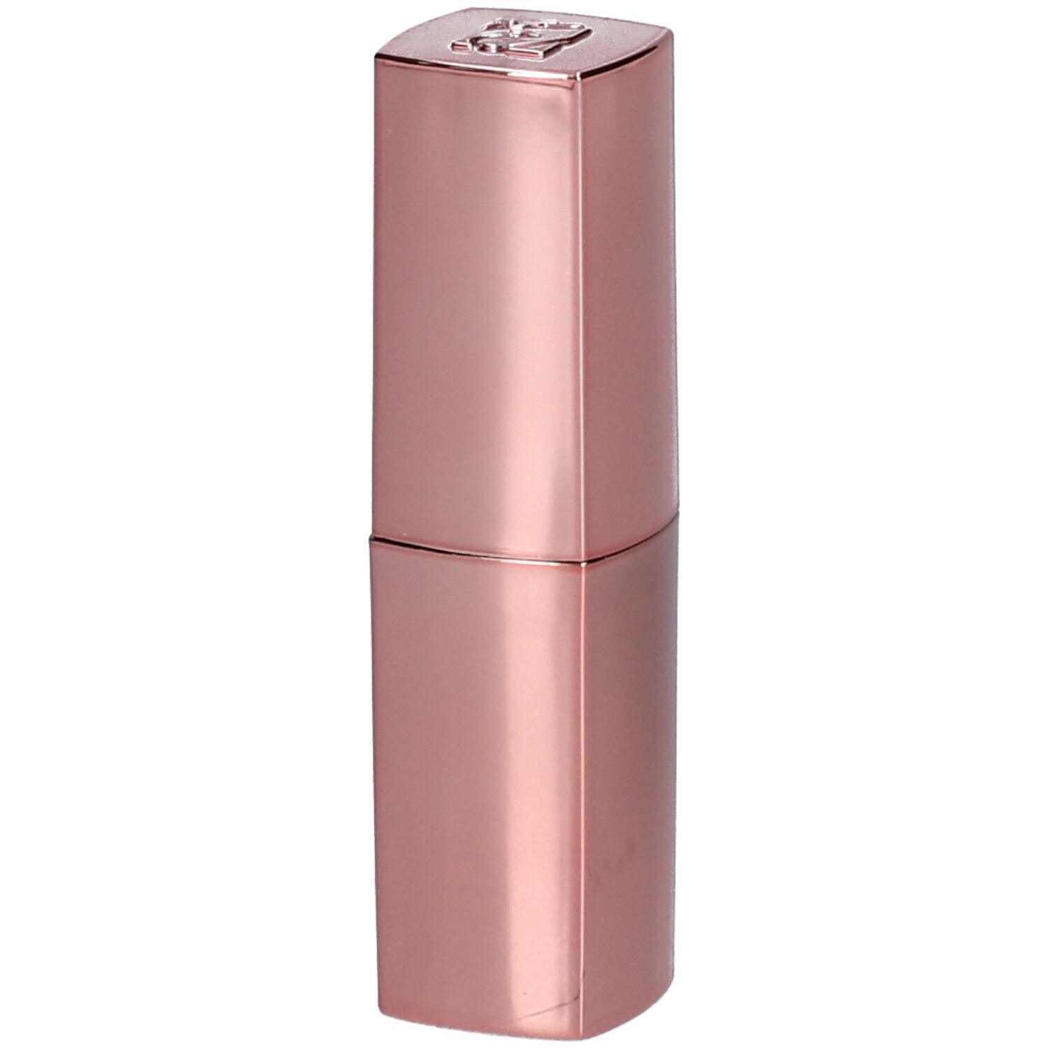 Rossetto rosa in astuccio metallico. Tappo quadrato con logo. Forma cilindrica.