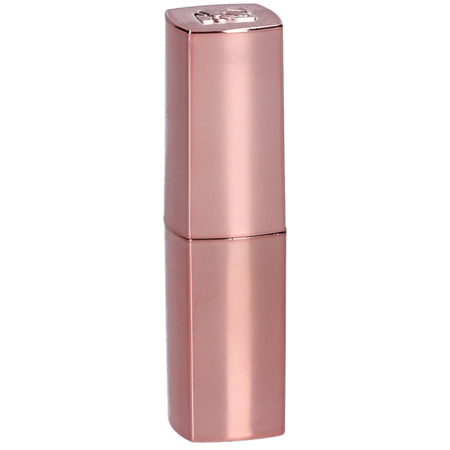 Rossetto rosa in astuccio metallico. Tappo quadrato con logo. Forma cilindrica.