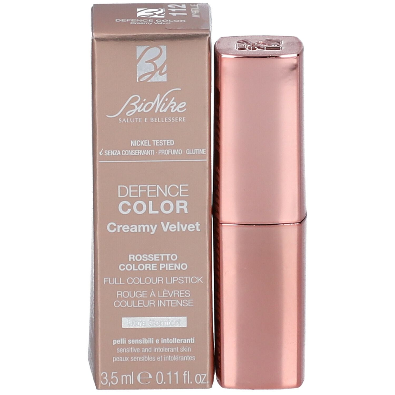 Rossetto e confezione. Marchio BioNike. Nome prodotto: Defence Color Creamy Velvet. Testo: Nickel Tested, 3,5 ml.