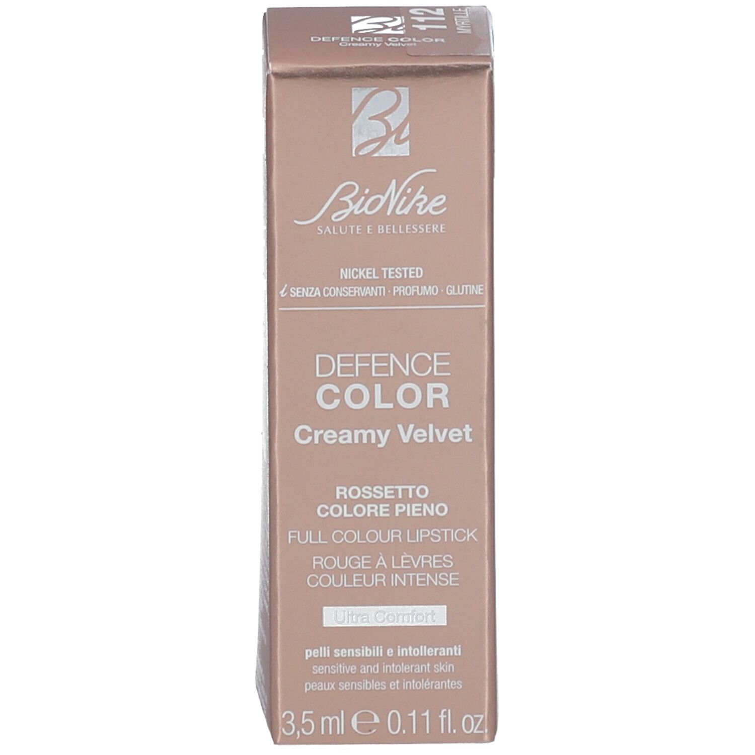 Confezione del prodotto. Marchio BioNike. Nome prodotto: Defence Color Creamy Velvet. Testo: Nickel Tested, 3,5 ml.