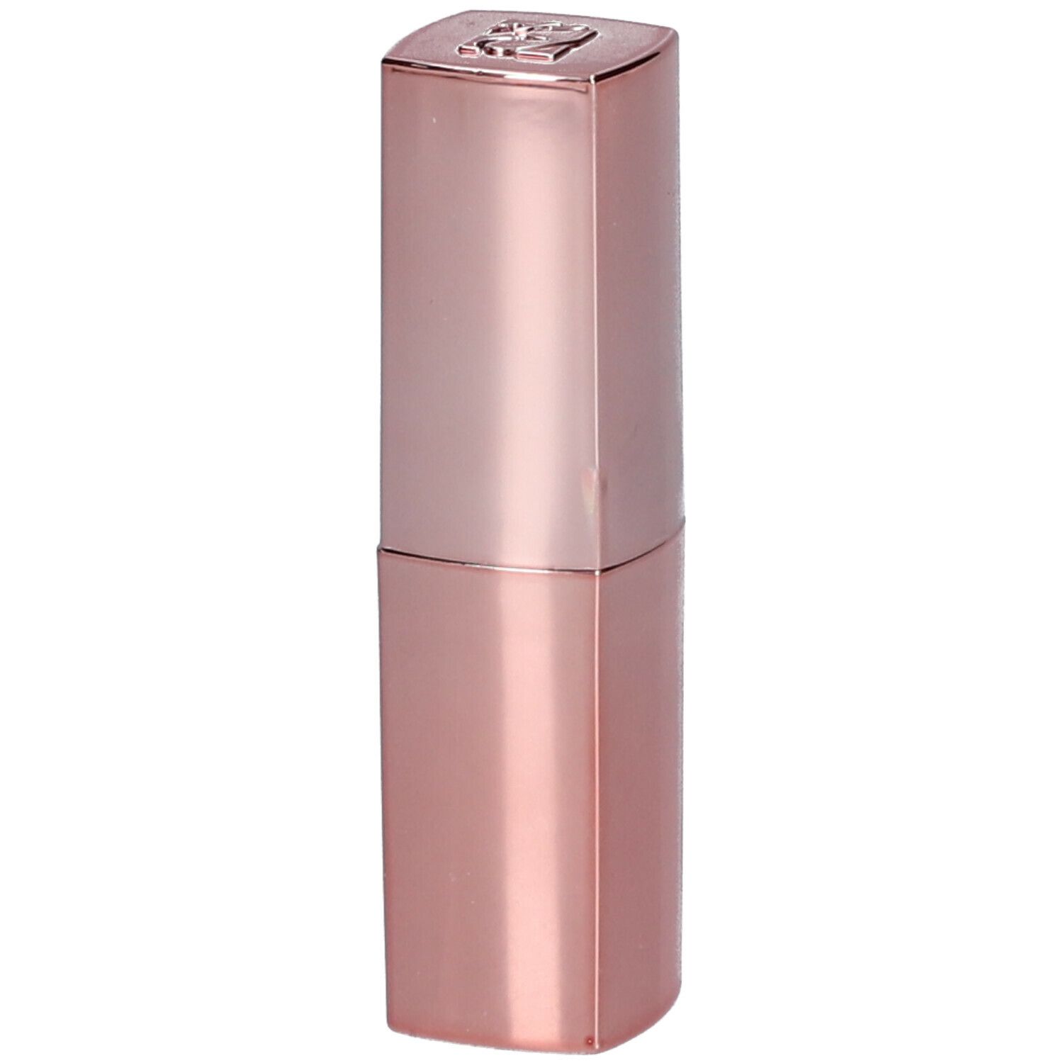 Rossetto rosa in forma allungata. Parte superiore con logo. Superficie lucida.