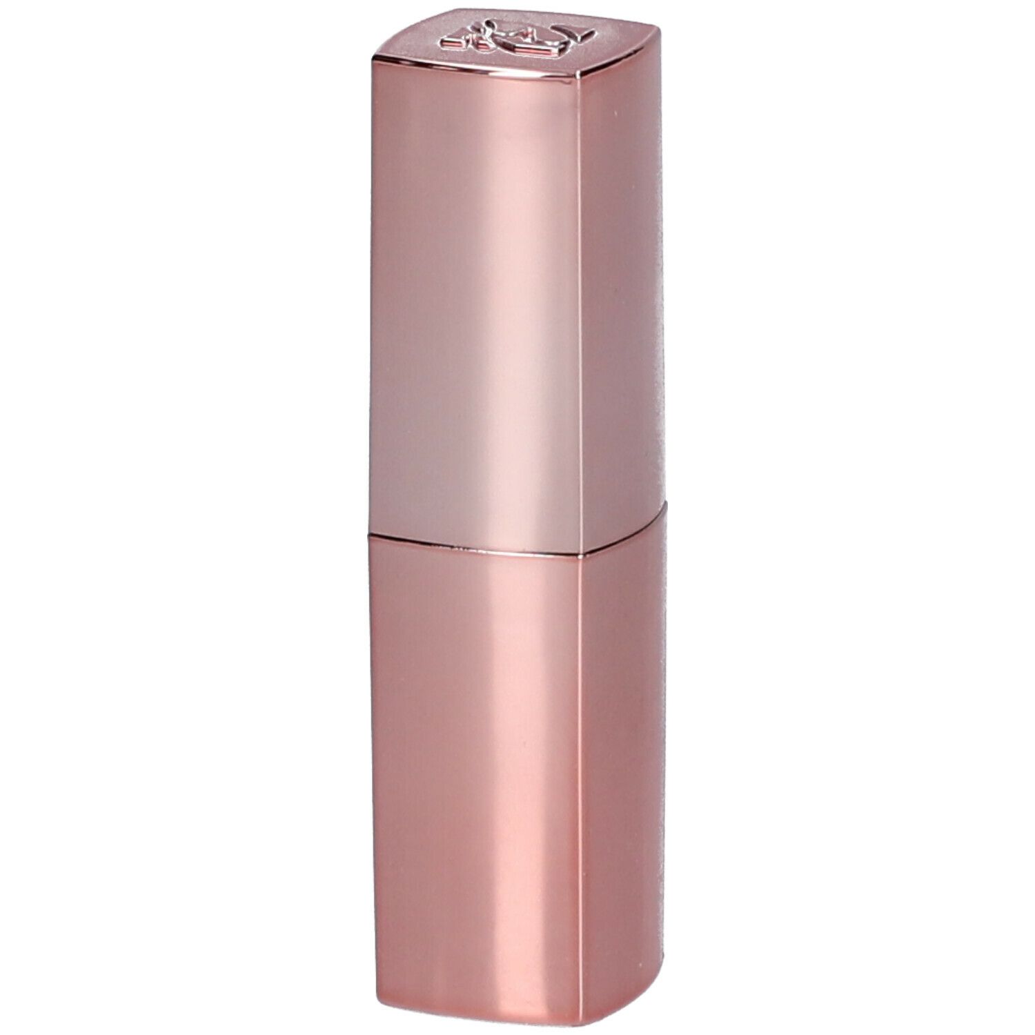 Rossetto rosa in forma allungata. Parte superiore con logo. Superficie lucida.