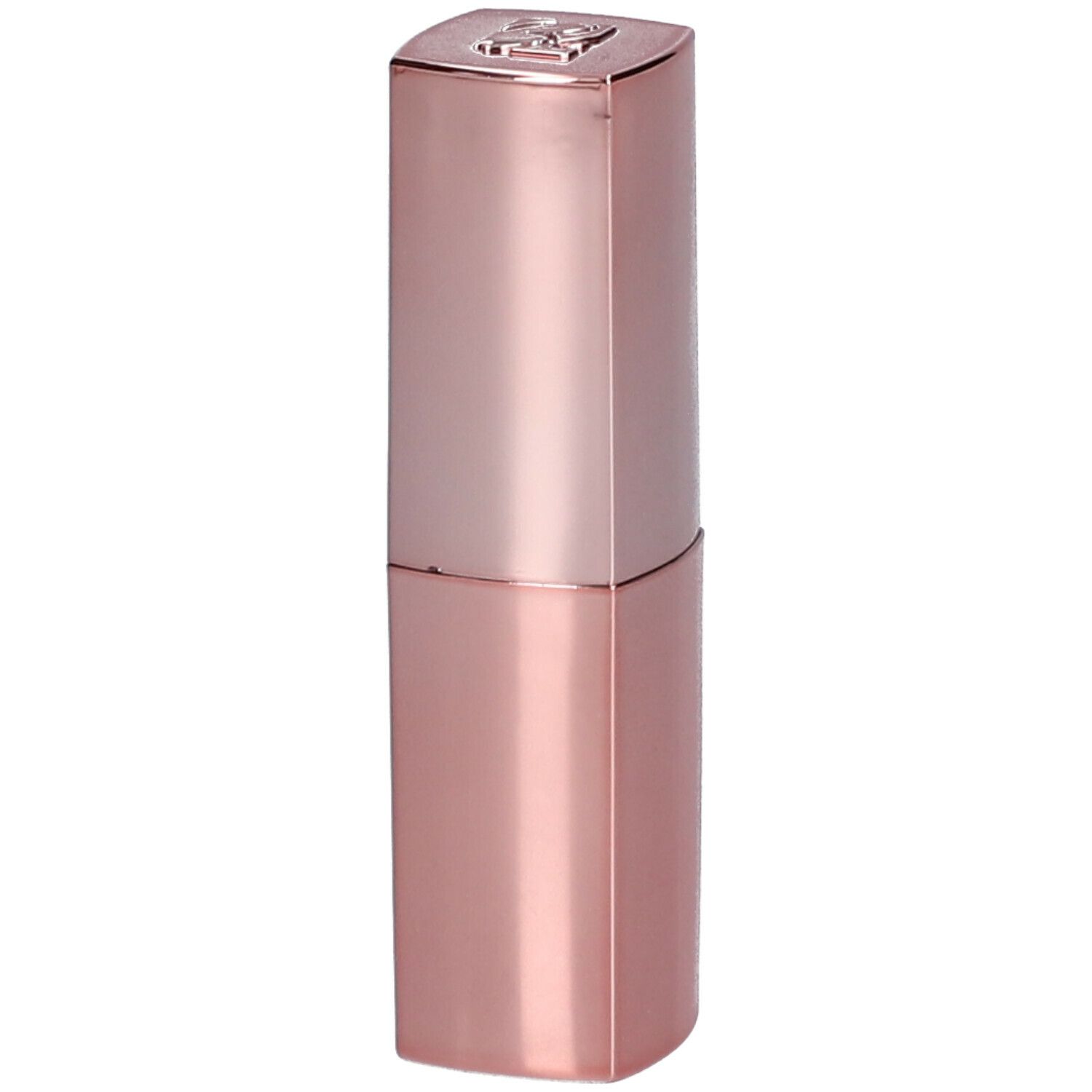 Rossetto rosa in forma allungata. Parte superiore con logo. Superficie lucida.