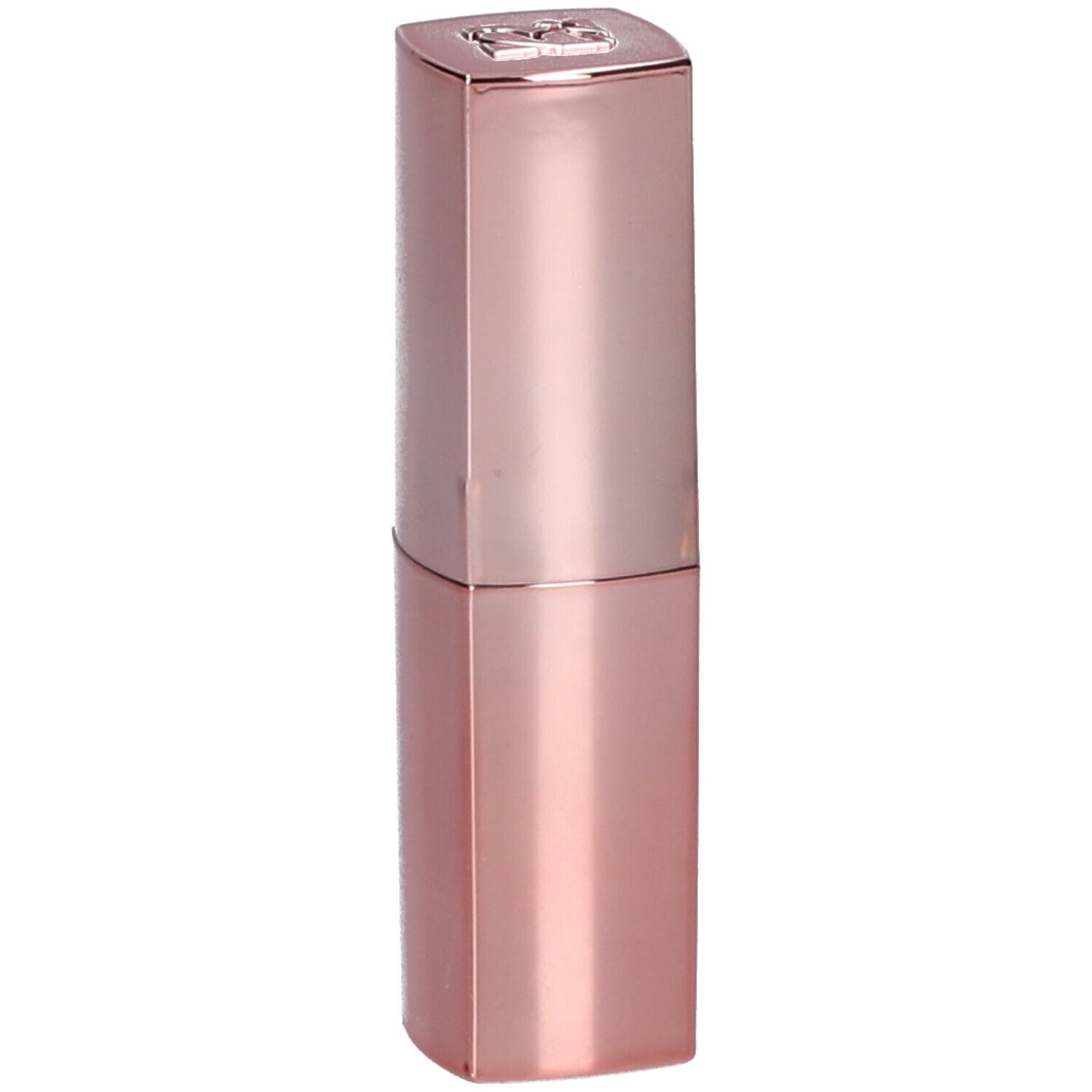 Rossetto rosa in forma allungata. Parte superiore con logo. Superficie lucida.