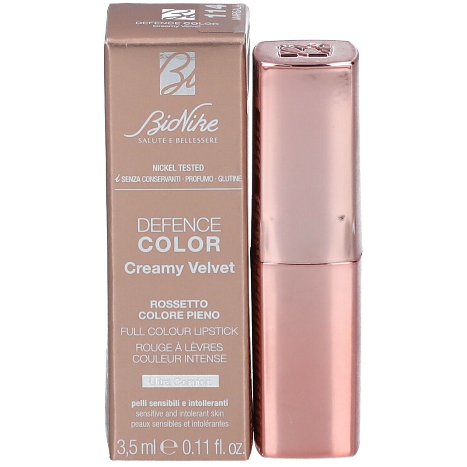 Rossetto BioNike Defence Color Creamy Velvet e confezione. Rossetto rosa, confezione marrone con testo.