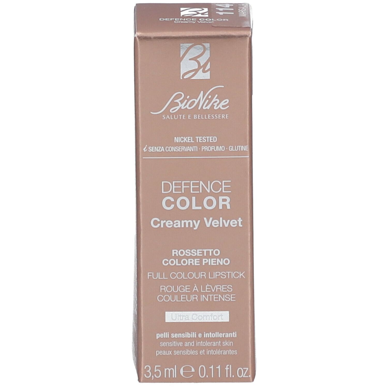 Rossetto BioNike Defence Color Creamy Velvet e confezione. Confezione marrone con testo.