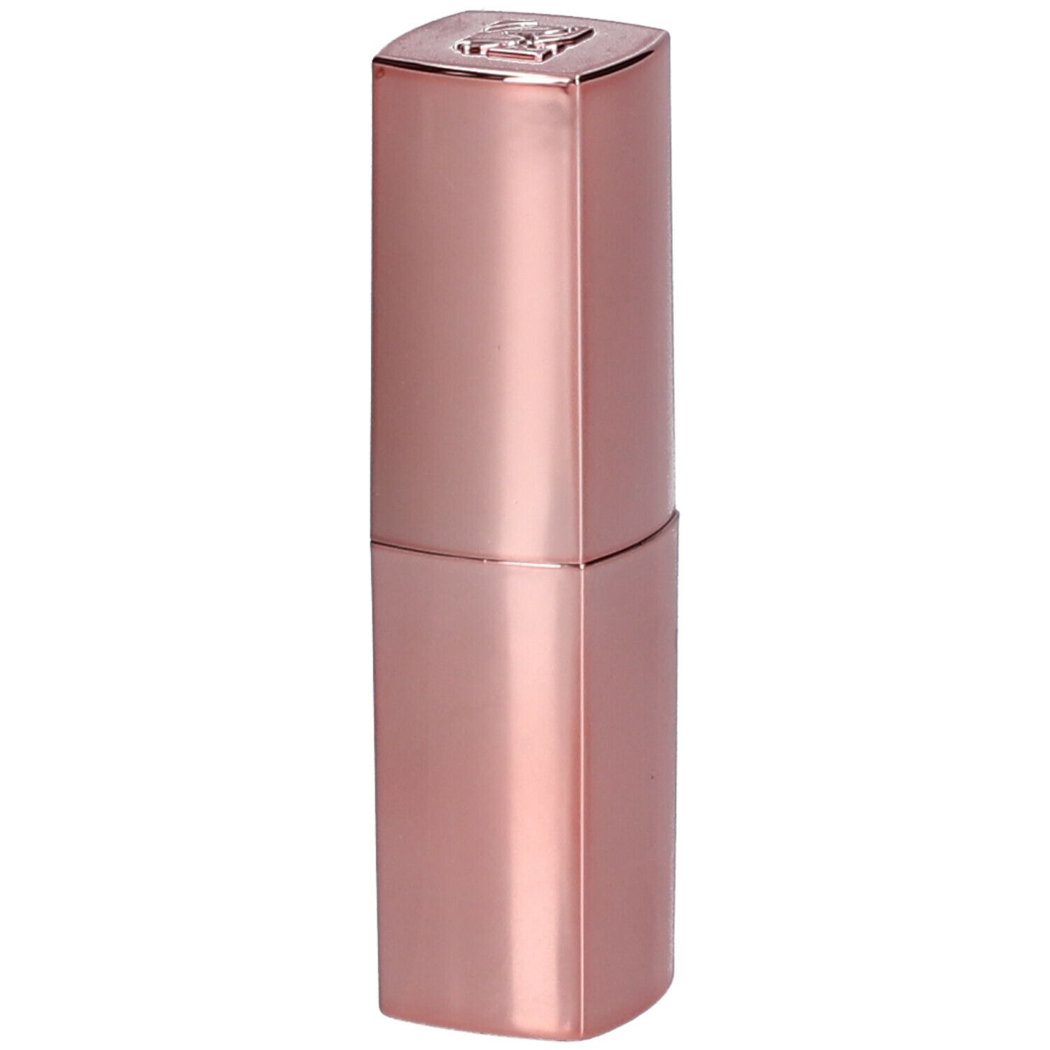 Rossetto rosa in forma allungata. Il cappuccio è quadrato con un logo. Superficie lucida.