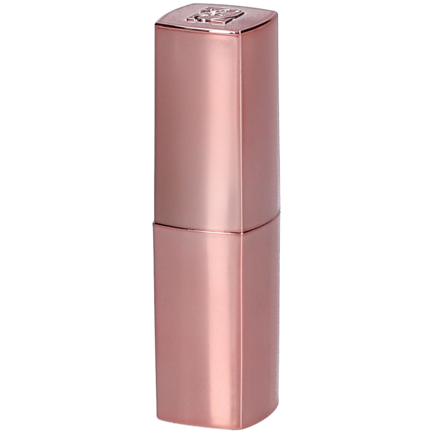 Rossetto rosa in forma allungata. Il cappuccio è quadrato con un logo. Superficie lucida.