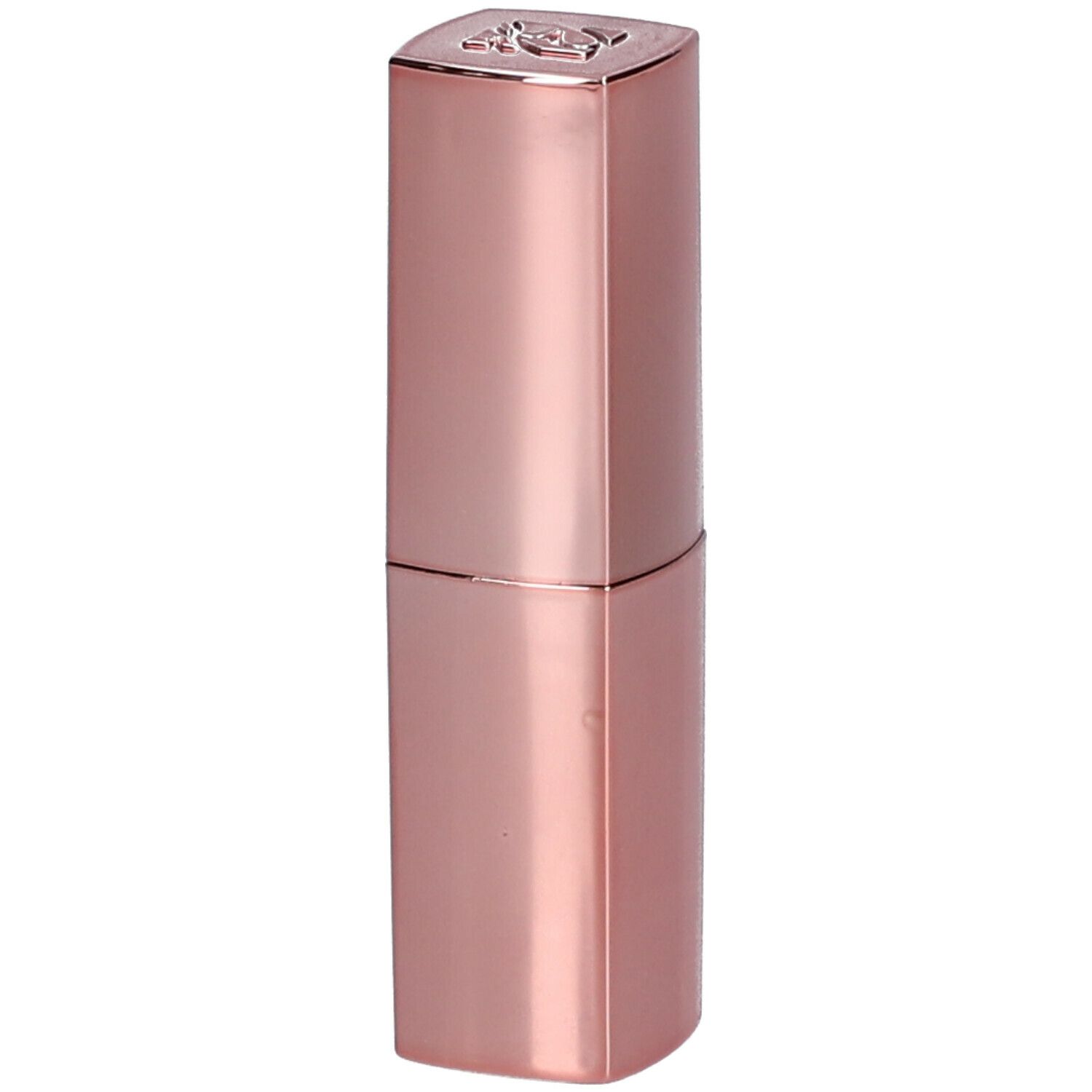 Rossetto rosa in forma allungata. Il cappuccio è quadrato con un logo. Superficie lucida.