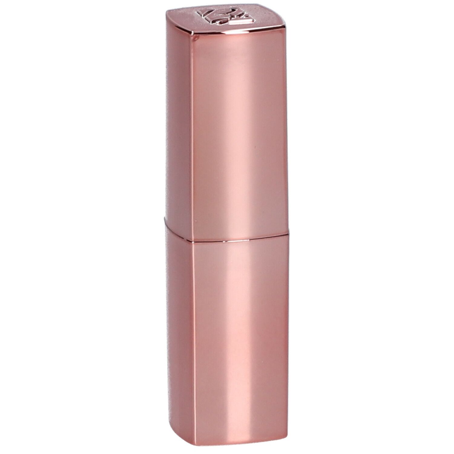 Rossetto rosa in forma allungata. Il cappuccio è quadrato con un logo. Superficie lucida.