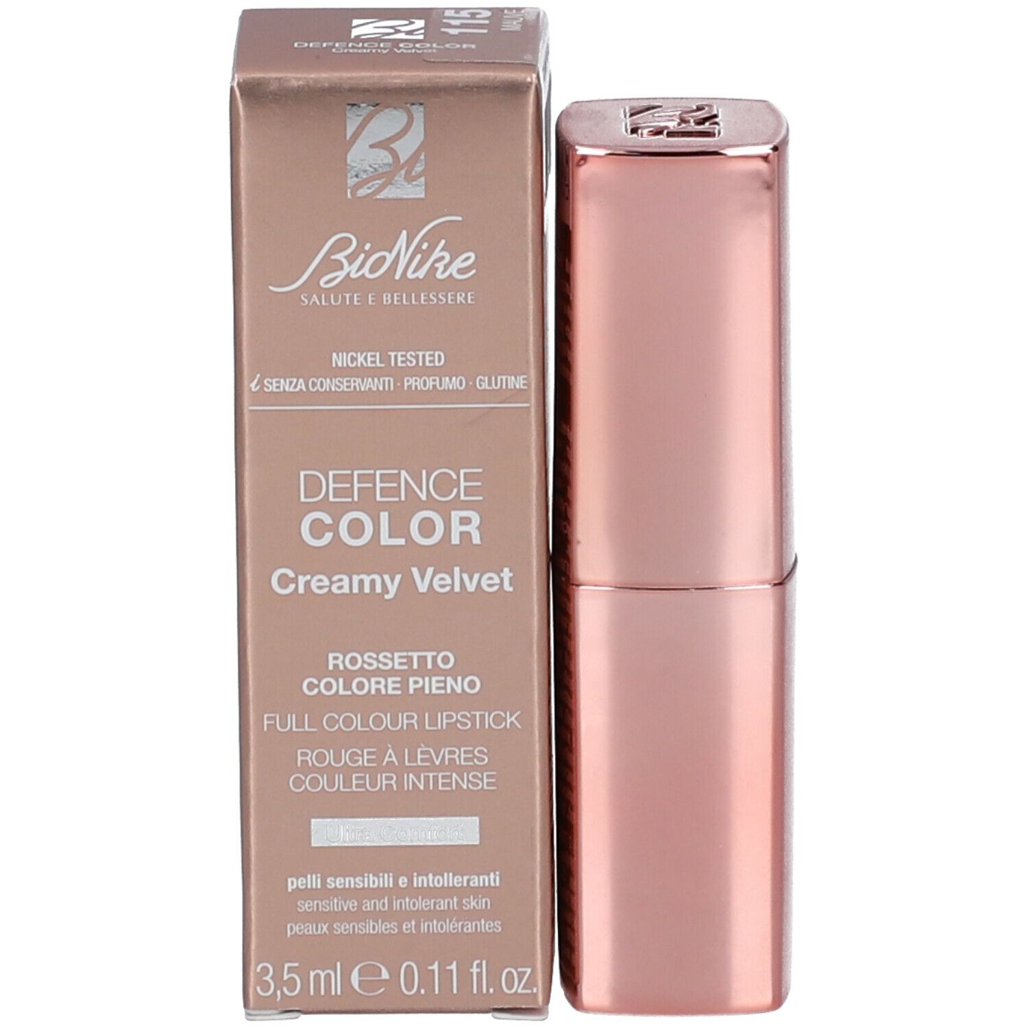 Rossetto e confezione. Sulla confezione: Defence Color Creamy Velvet, 3,5 ml, Nickel Tested, senza conservanti, profumo e glutine.