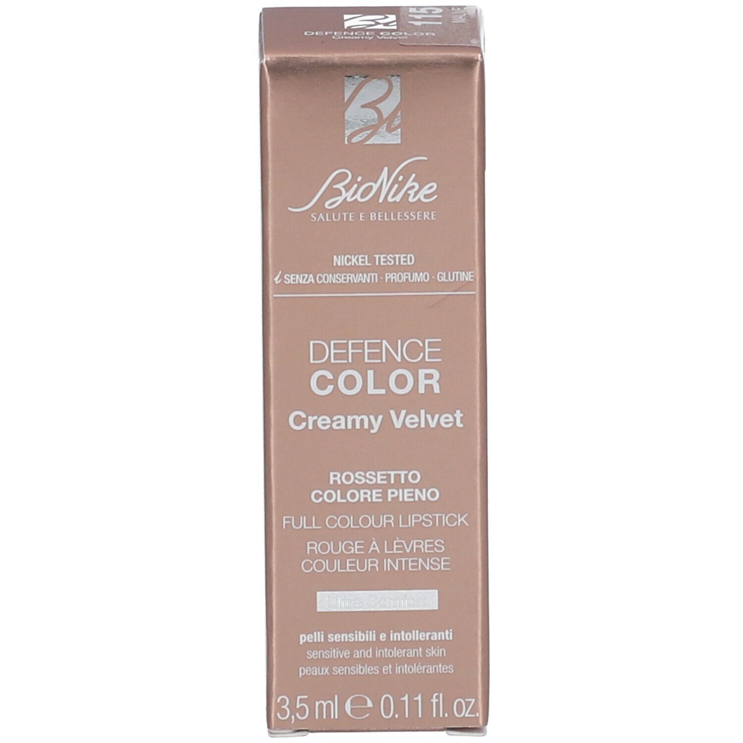 Rossetto e confezione. Sulla confezione: Defence Color Creamy Velvet, 3,5 ml, Nickel Tested, senza conservanti, profumo e glutine.