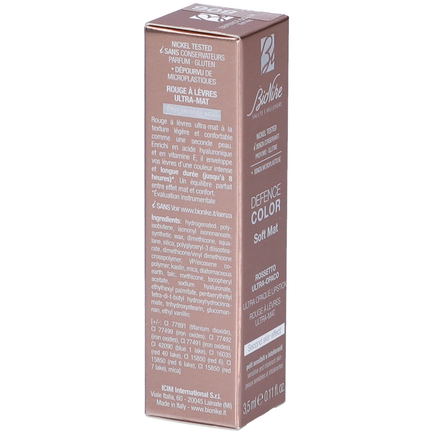 Retro della confezione rossetto BioNike Defence Color Soft Mat. Testo, ingredienti e logo.