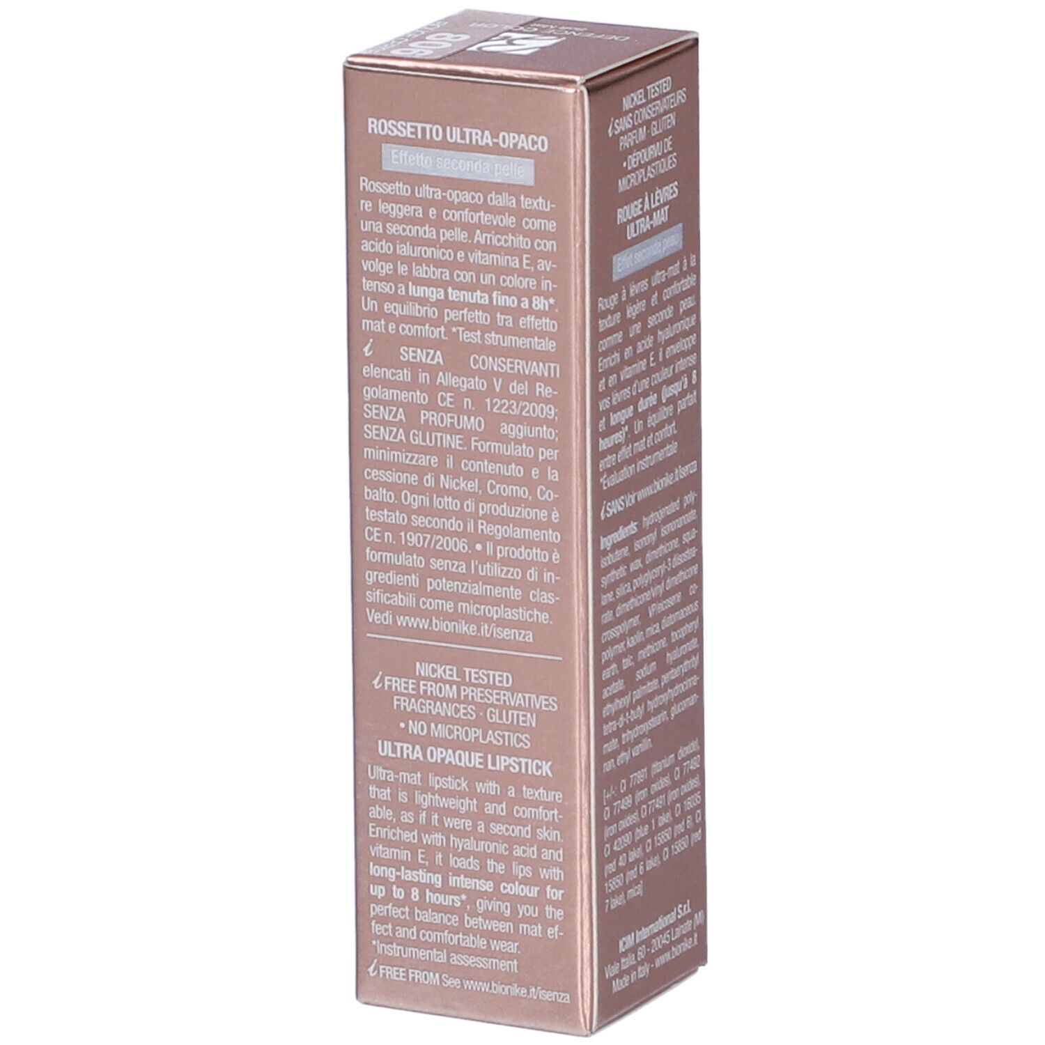 Lato della confezione rossetto BioNike Defence Color Soft Mat. Testo, nome del prodotto e logo.