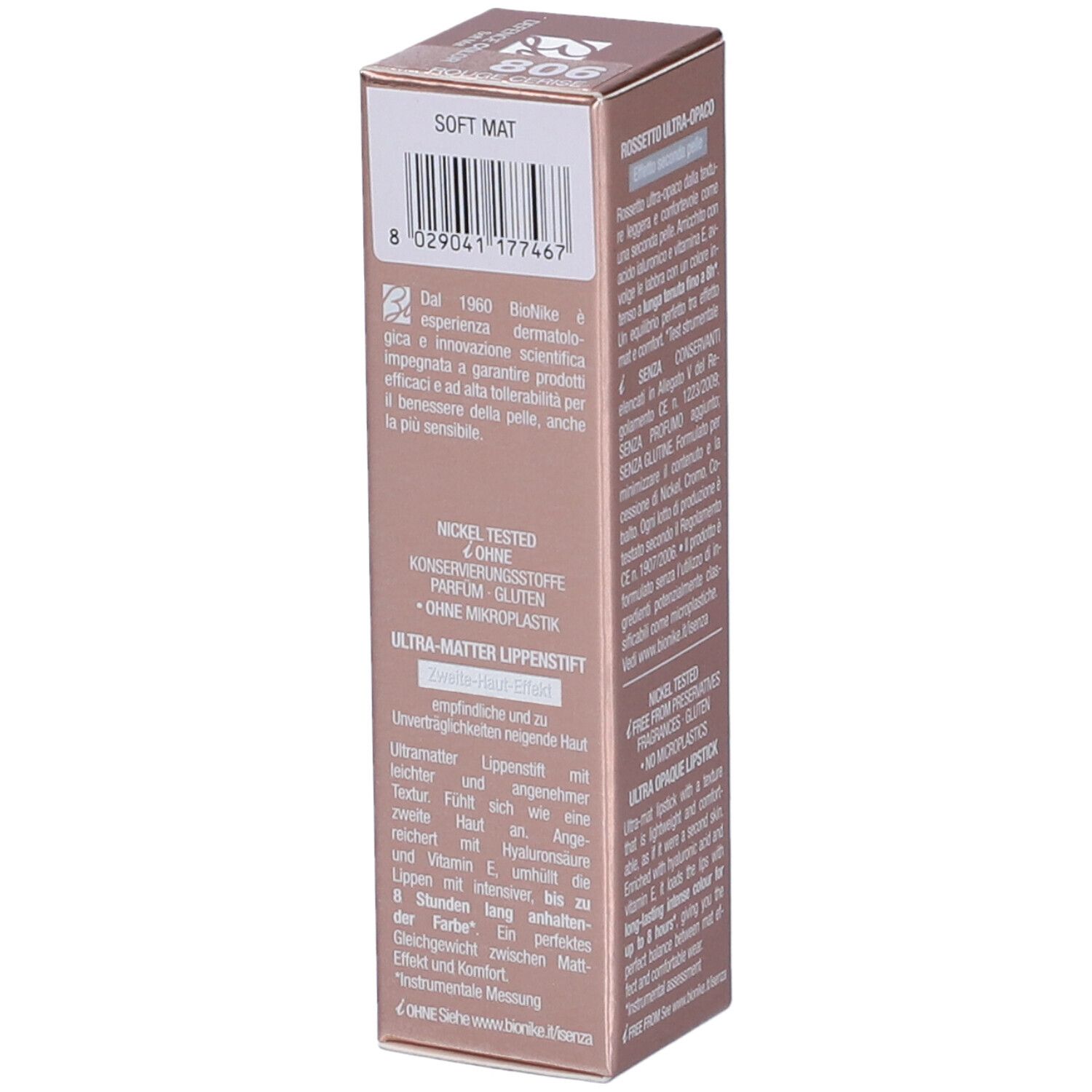 Lato della confezione rossetto BioNike Defence Color Soft Mat. Testo, codice a barre e logo.