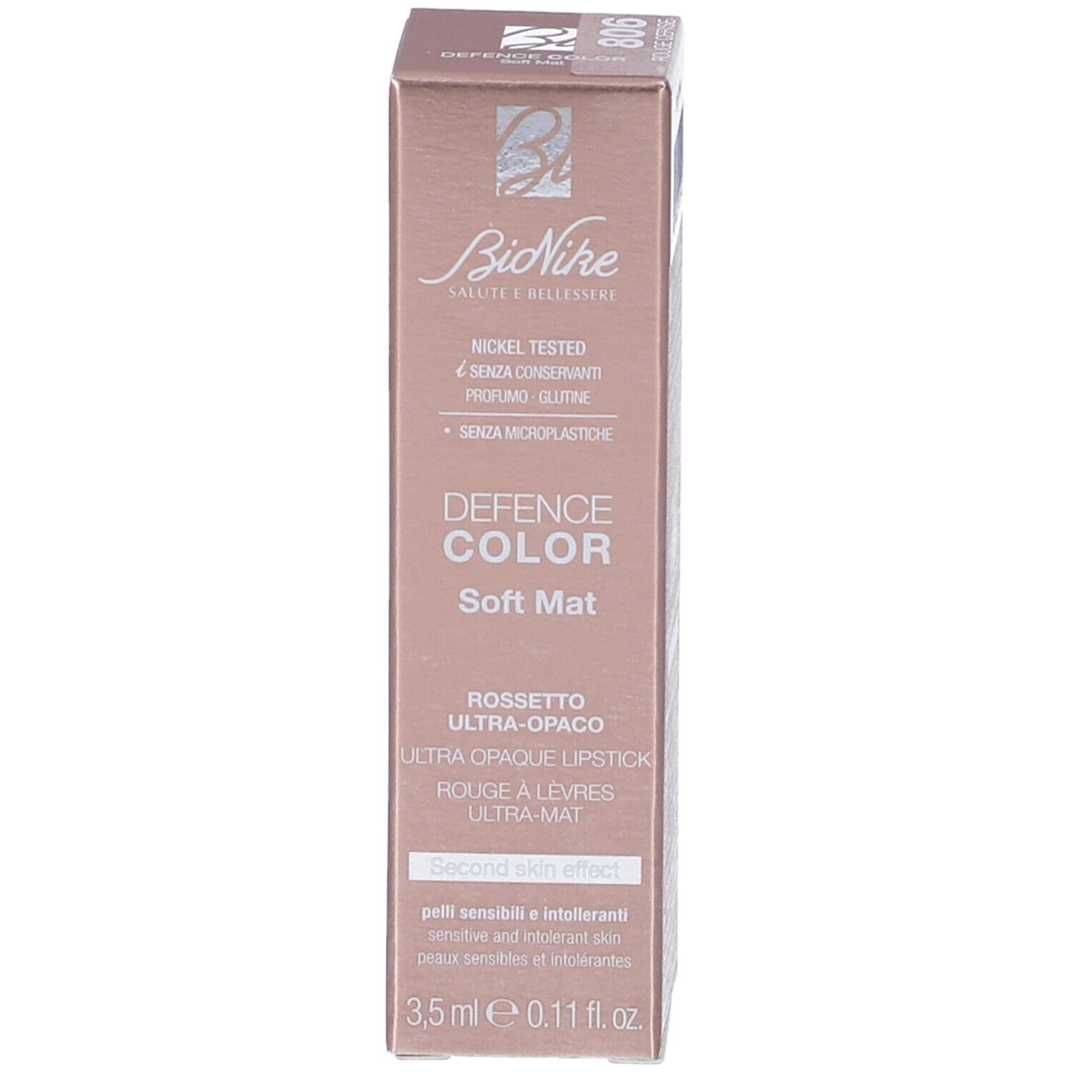 Fronte della confezione rossetto BioNike Defence Color Soft Mat. Nome del prodotto, logo e testo.