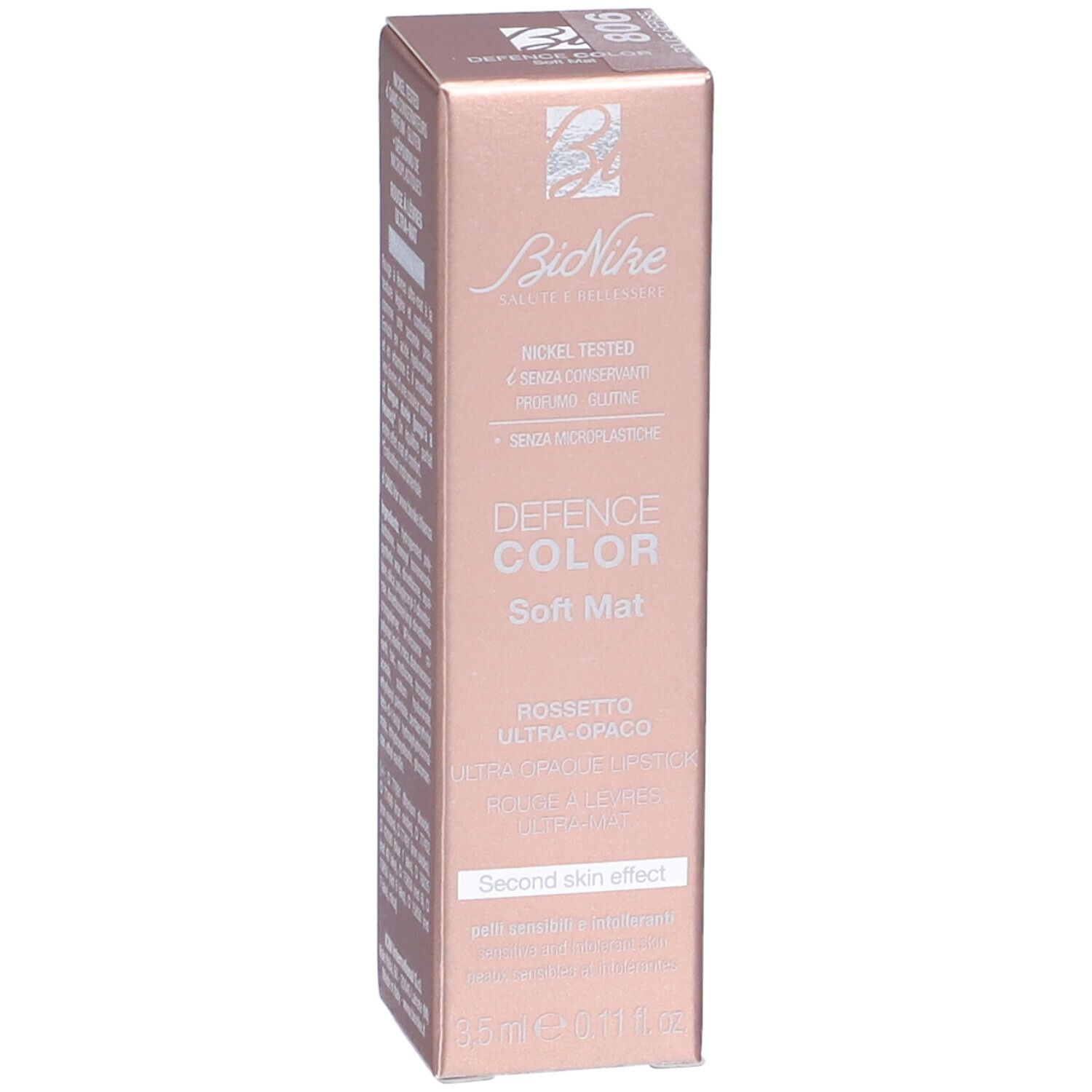Confezione rossetto BioNike Defence Color Soft Mat. Scatola rosa dorato con informazioni e logo.