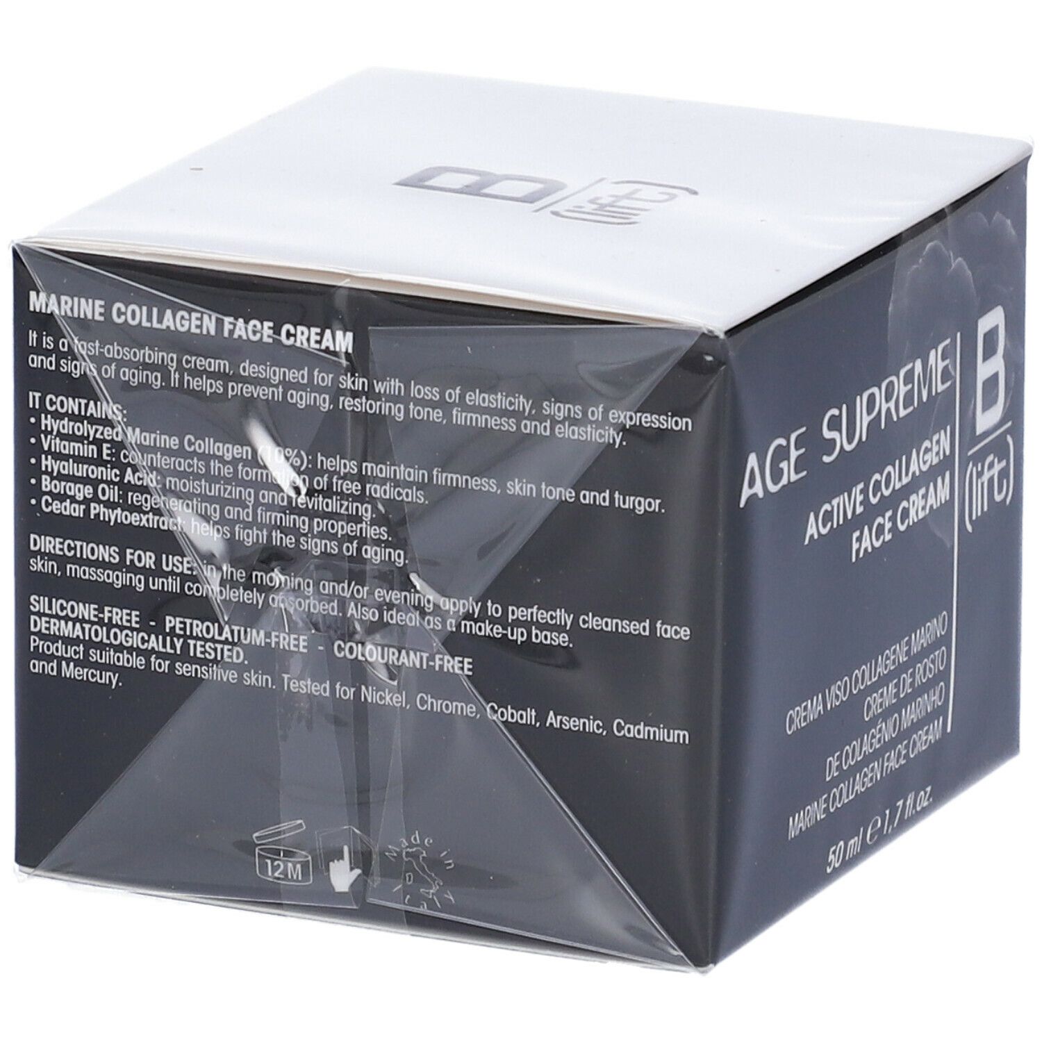 Scatola nera e bianca. Testo: MARINE COLLAGEN FACE CREAM. Ingredienti e istruzioni per l'uso. 50 ml.