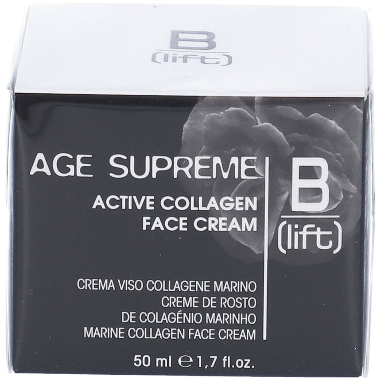 Scatola nera e bianca. Scritta: AGE SUPREME ACTIVE COLLAGEN FACE CREAM. Logo B (lift). 50 ml.