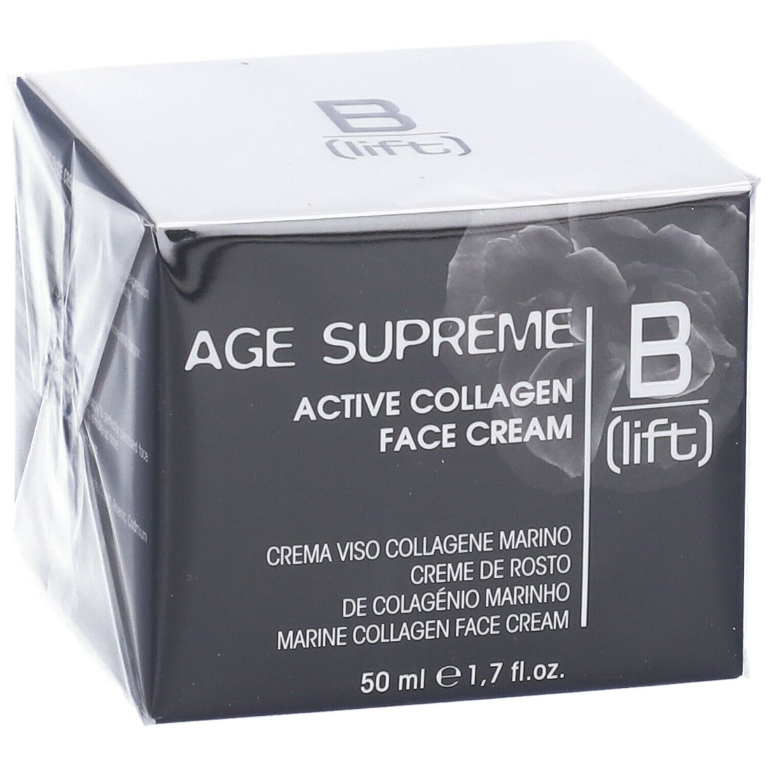 Scatola nera e bianca. Scritta: AGE SUPREME ACTIVE COLLAGEN FACE CREAM. Logo B (lift). 50 ml.