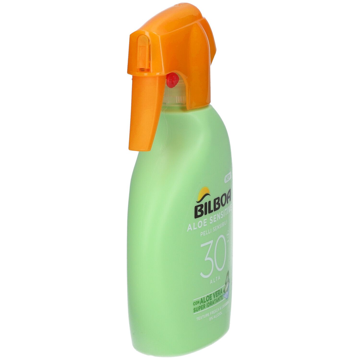 Flacone spray verde con erogatore arancione. Scritta: Bilboa Aloe Sensitive Pelli Sensibili 30. Vista laterale.