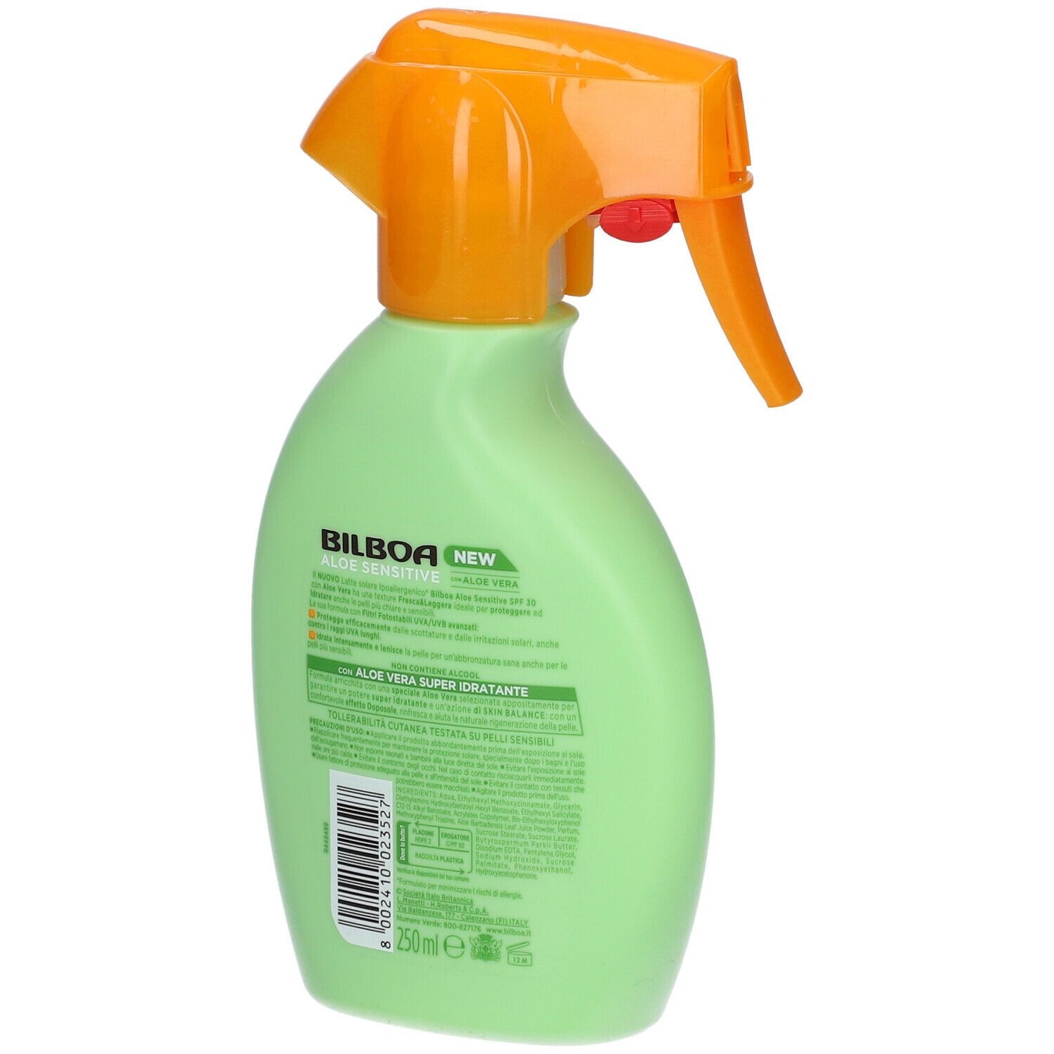 Retro di un flacone spray verde. Scritta: Bilboa Aloe Sensitive. Testo e codice a barre. Volume: 250ml.