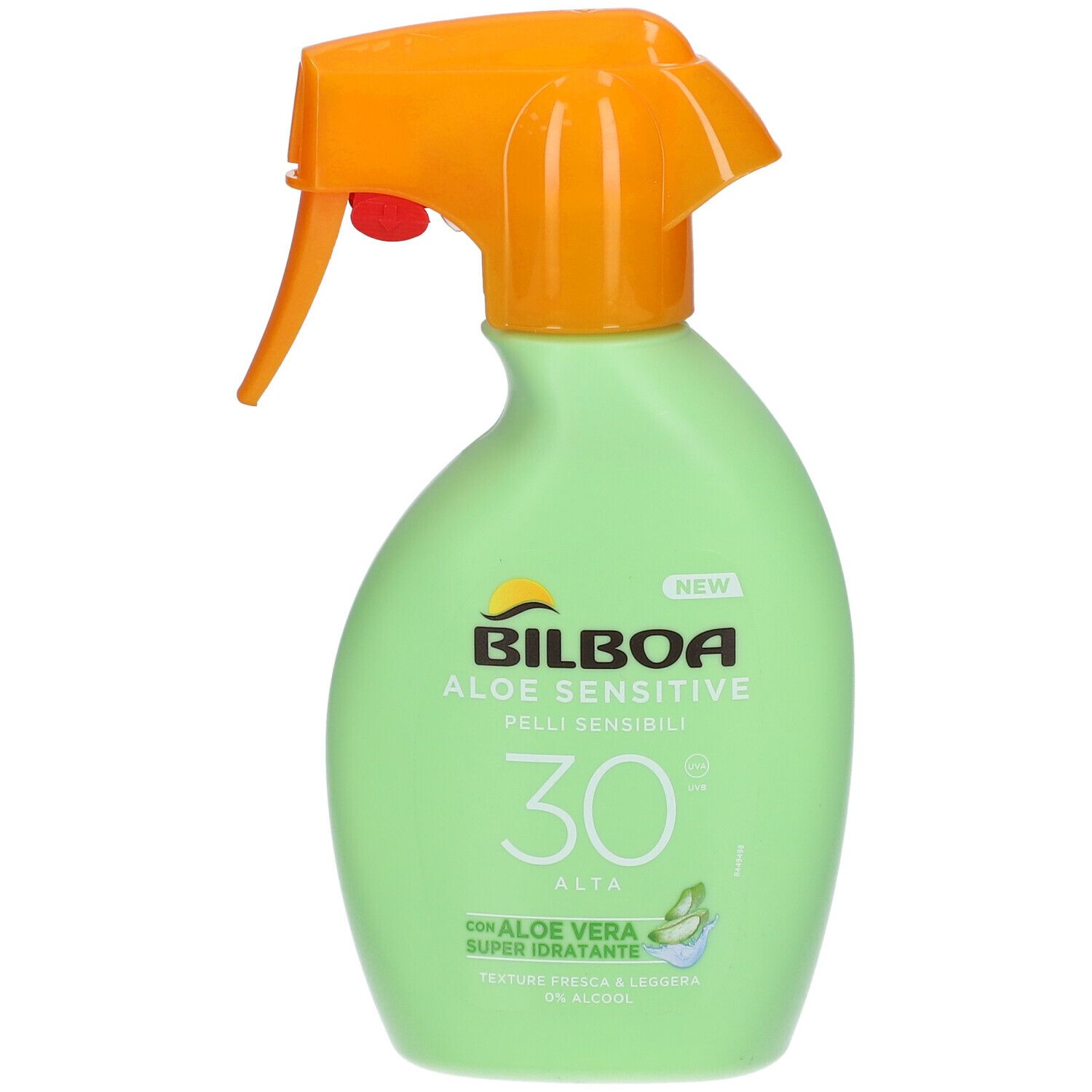 Flacone spray verde con erogatore arancione. Scritta: Bilboa Aloe Sensitive Pelli Sensibili 30. Con Aloe Vera.