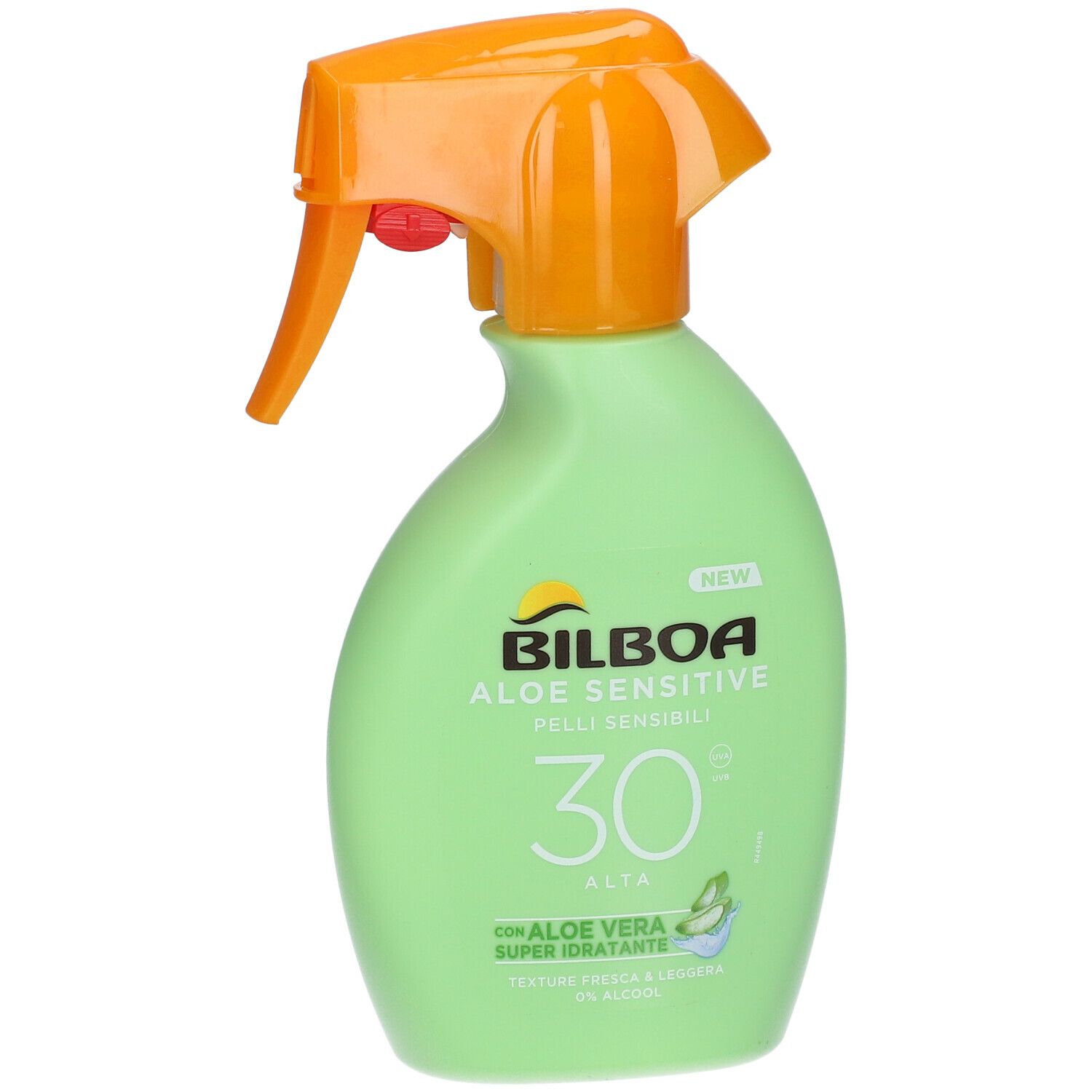 Flacone spray verde con erogatore arancione. Scritta: Bilboa Aloe Sensitive Pelli Sensibili 30. Con Aloe Vera.
