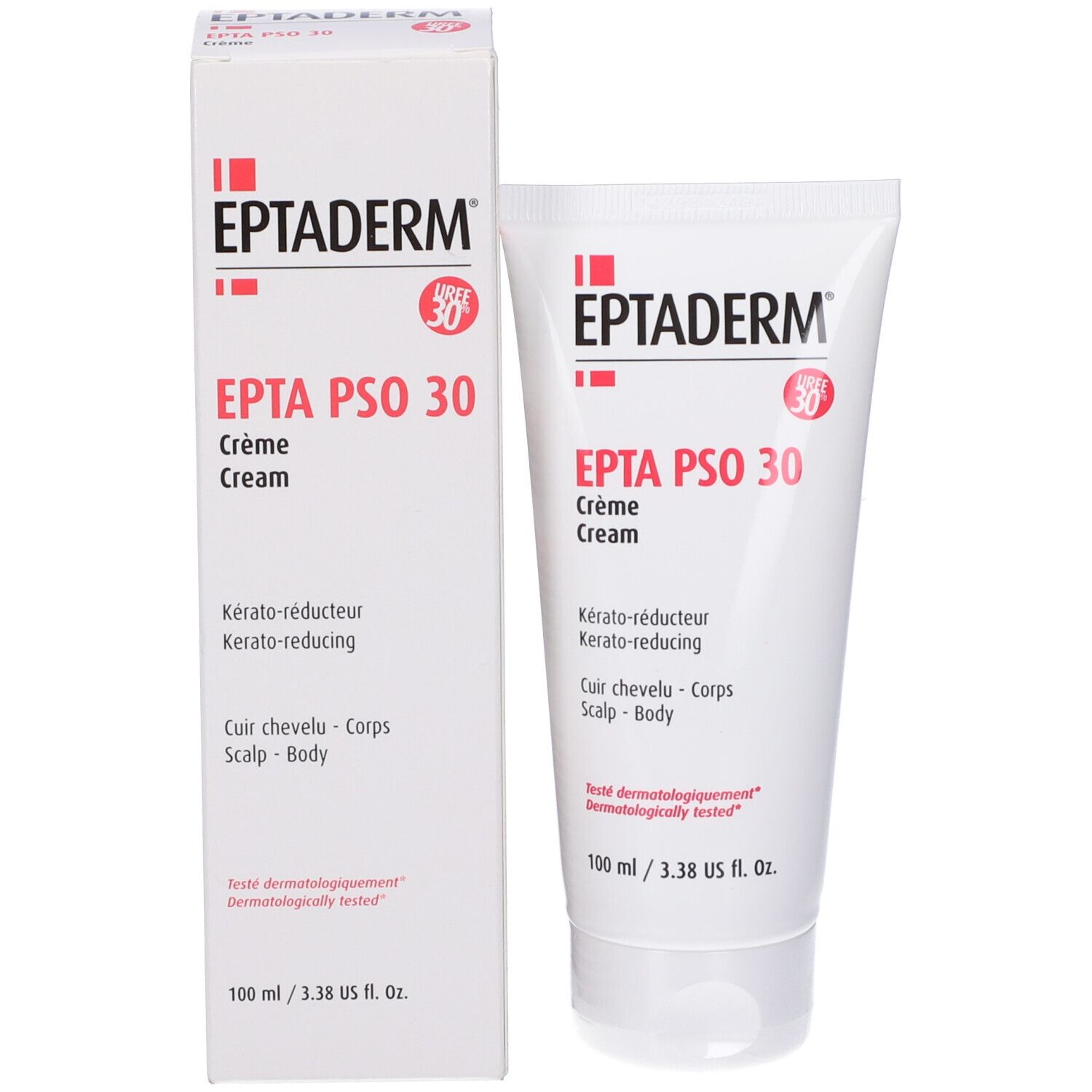 Confezione del prodotto: tubo e scatola bianchi. Scritta: EPTADERM, EPTA PSO 30 Crème, Kérato-réducteur, Cuir chevelu - Corps, dermatologicamente testato.