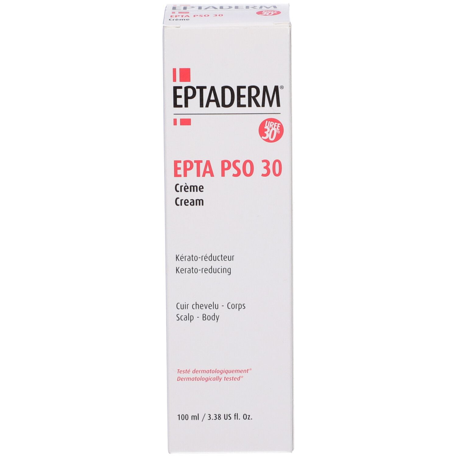 Scatola bianca con testo rosso e nero. Scritta: EPTADERM, EPTA PSO 30 Crème, Kérato-réducteur, Cuir chevelu - Corps, dermatologicamente testato.