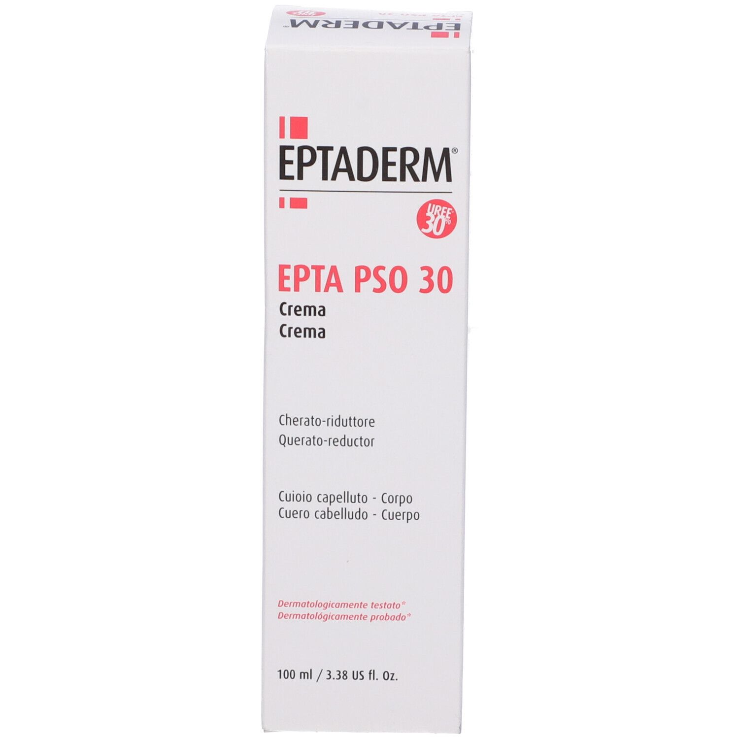 Scatola bianca con testo rosso e nero. Scritta: EPTADERM, EPTA PSO 30 Crema, Cherato-riduttore, Cuoio capelluto - Corpo, dermatologicamente testato.