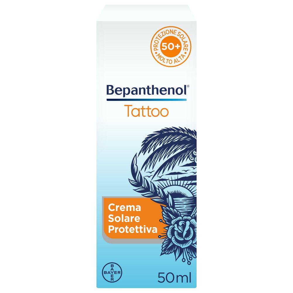 Crema solare Bepanthenol Tattoo. Tubo 50ml. SPF 50+. Logo Bayer. Confezione.