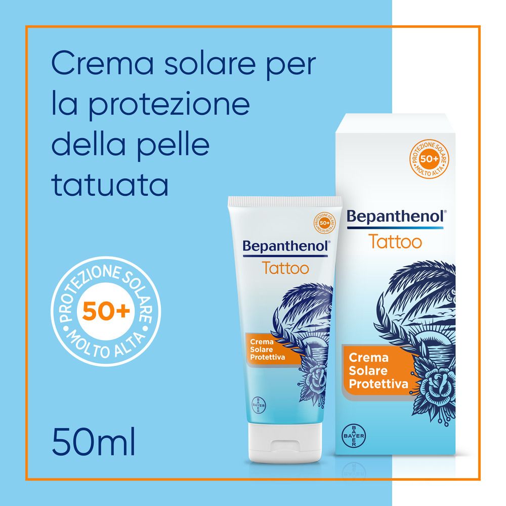 Crema solare Bepanthenol Tattoo e confezione. Per pelle tatuata. SPF 50+. 50ml.