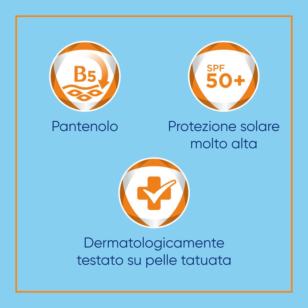 Icone: Pantenolo, SPF 50+, dermatologicamente testato. Cerchi arancioni su sfondo blu.