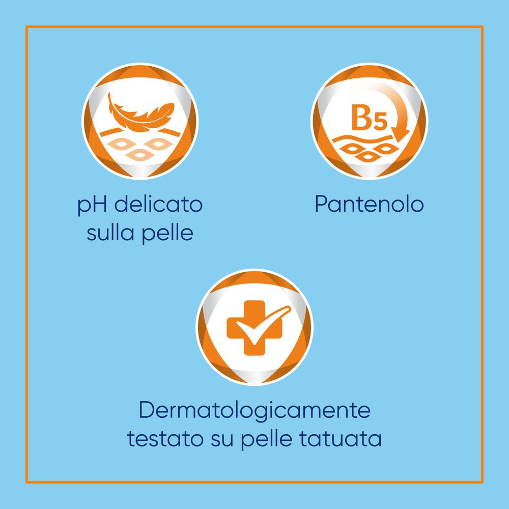 Drei Symbole: pH-Wert, Panthenol, dermatologisch getestet. Text auf Italienisch.