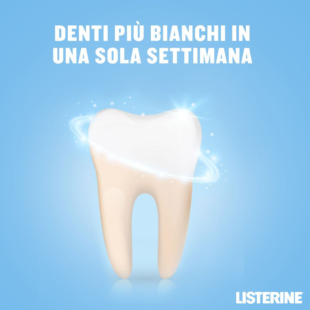Ein Zahn wird von einem leuchtenden Ring umgeben, mit dem Listerine-Logo unten rechts.
