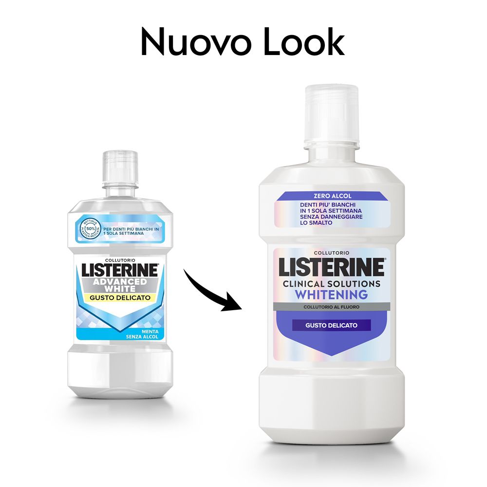 Zwei Flaschen Listerine Mundspülung, eine ältere und eine neuere Verpackung.