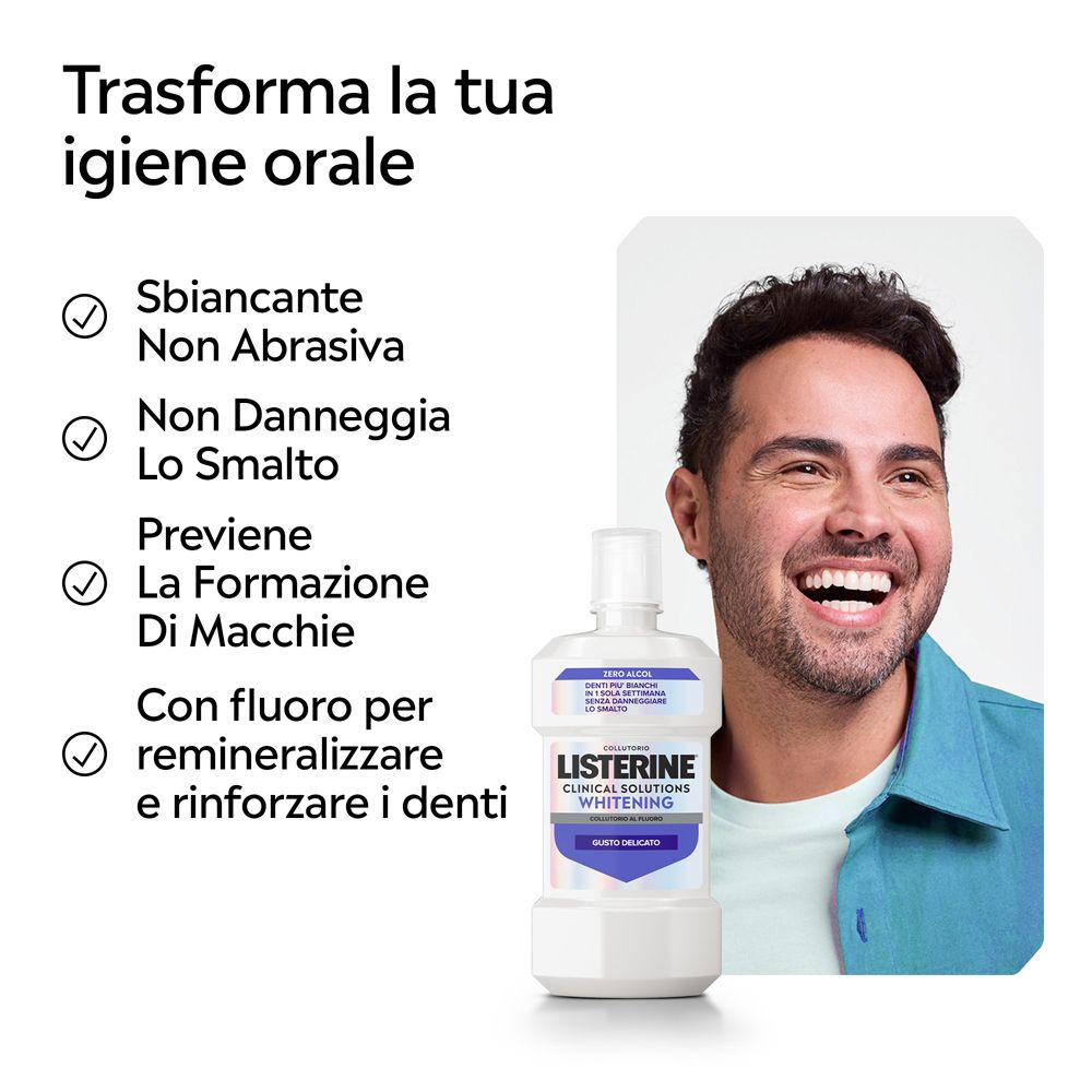 Listerine Whitening Mundspülung mit Fluorid, 500ml Flasche, neben lächelndem Mann.