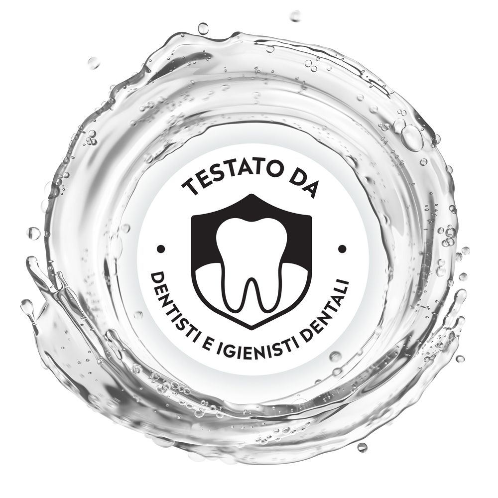 Zahn-Symbol auf einem Siegel mit der Aufschrift „Testato da Dentisti e Igienisti Dentali“.