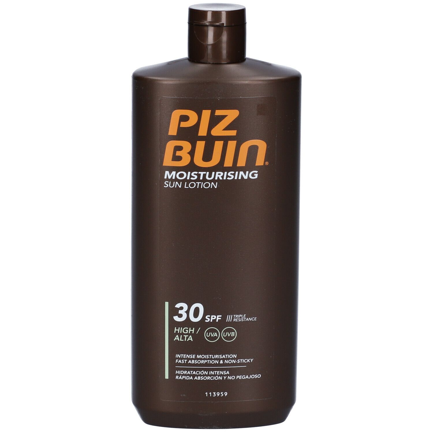 Flacone marrone Piz Buin Moisturising Sun Lotion SPF 30. Scritta: HIGH/ALTA, INTENSE MOISTURISATION, FAST ABSORPTION & NON-STICKY.